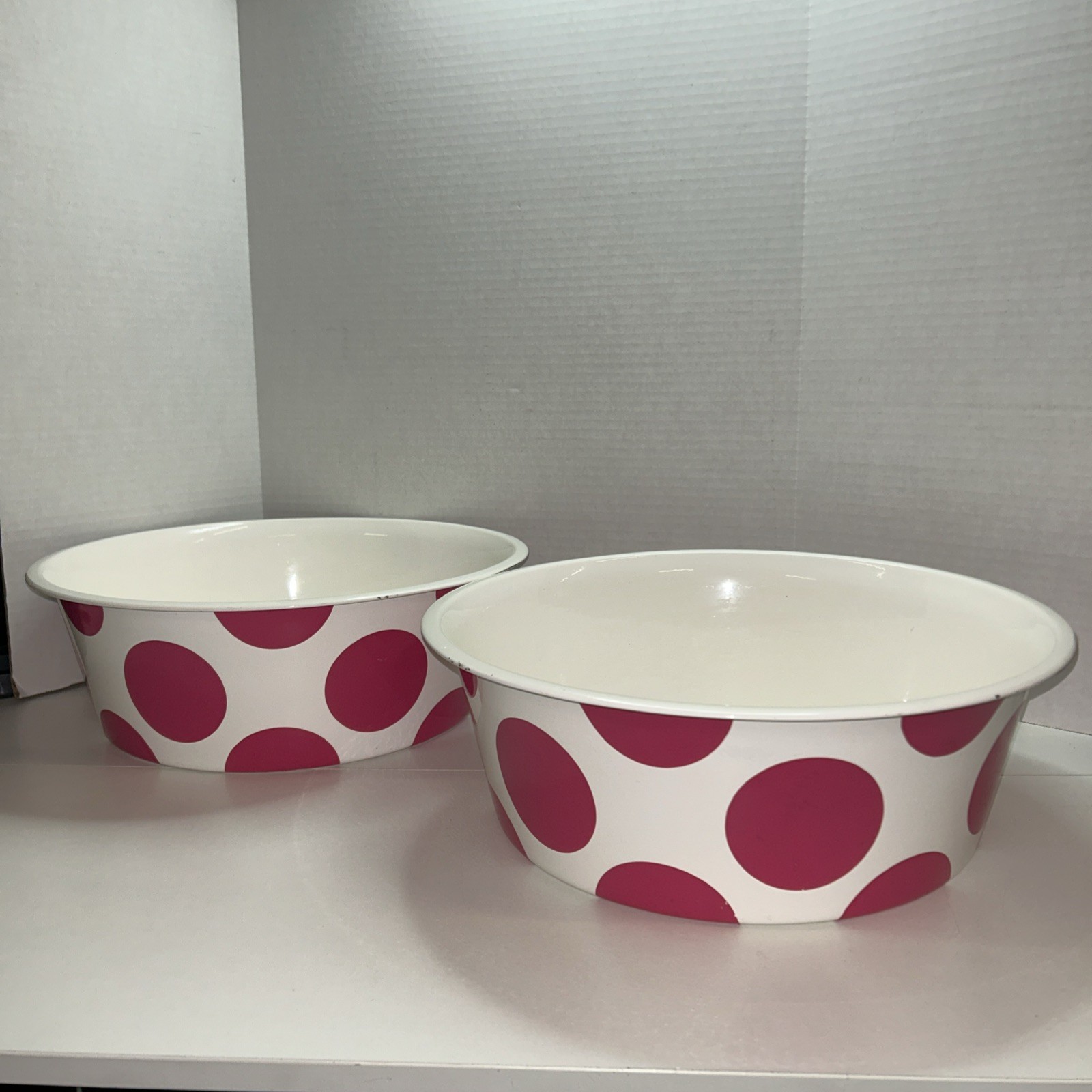Set Of 2 Victoria’s Secret Pink Polka Dot Large Metal Display Bowls RARE