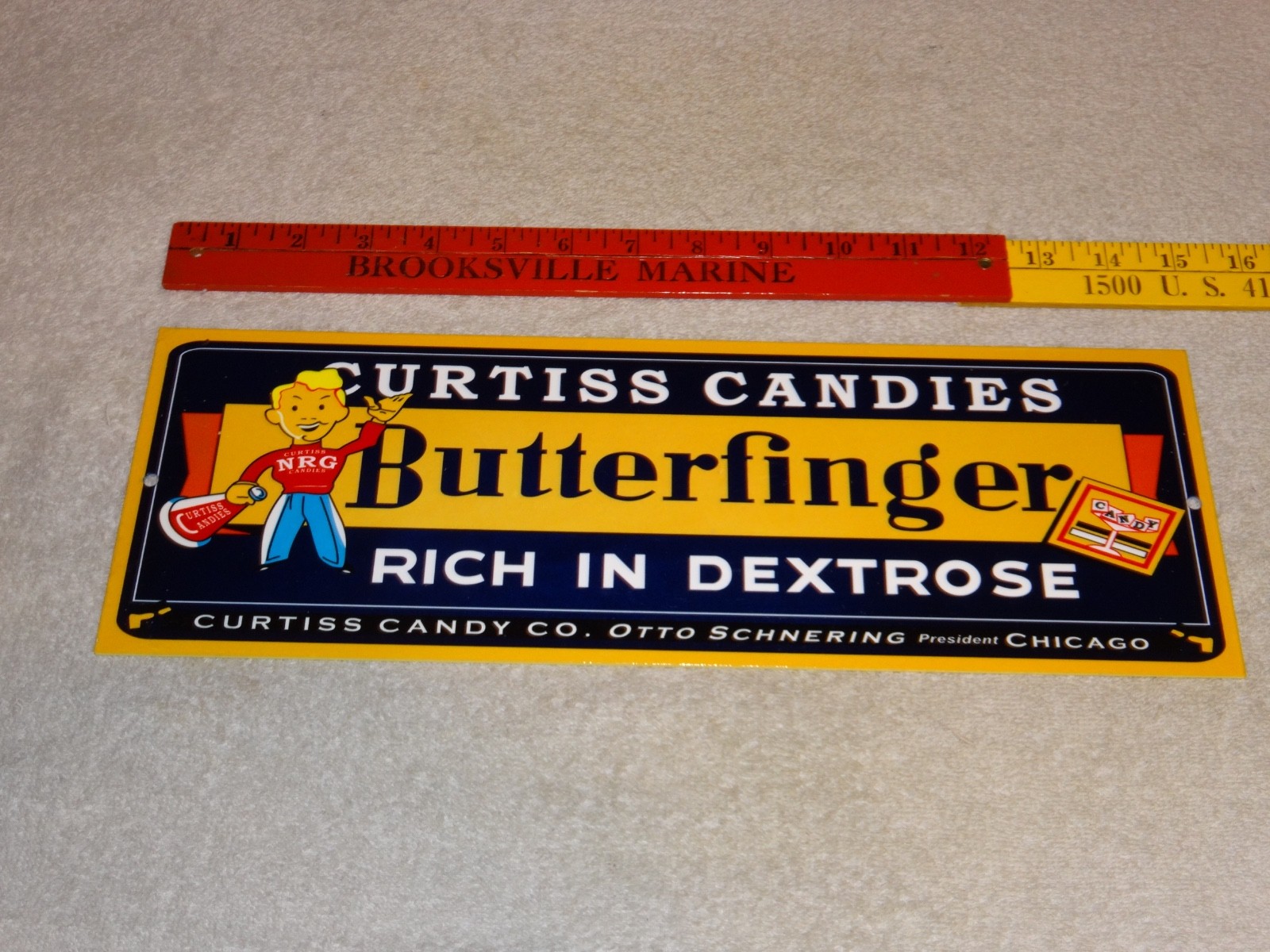 VINTAGE CURTISS CANDIES BUTTERFINGER 15″ METAL CHICAGO CHOCOLATE CANDY BAR SIGN!
