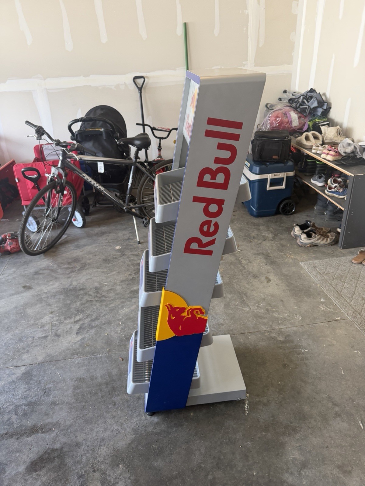 Red Bull Metal Store Display Shelf Rack Stand Floor Display Gray Blue Red