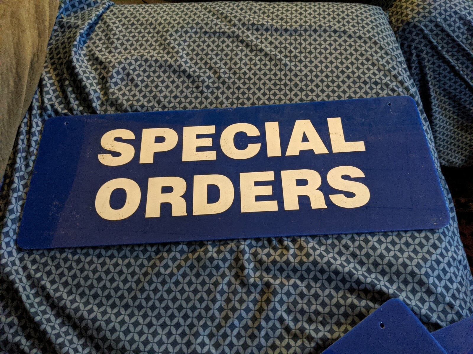 LARGE HUGE VTG SIGN SPECIAL ORDER BLUE WHITE 24×9 ADVERTISING STORE THICK