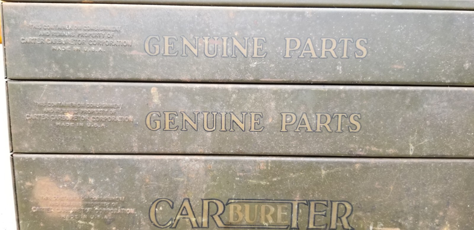 Vintage Carter Carburetor Genuine Parts Bin Cabinet Automobile Front & Back ADV!