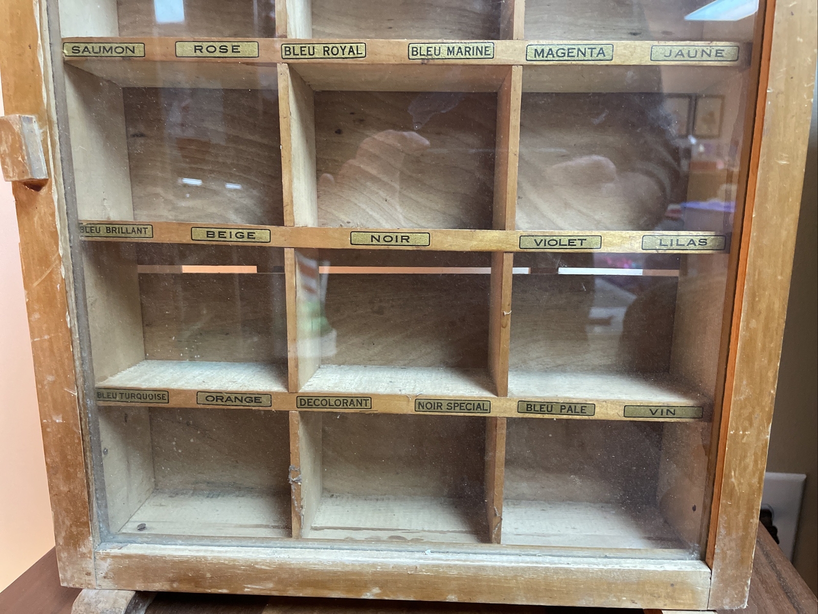 Early Circa 1930’s Ampollina Dyes Wooden Store Display Cabinet, Glass Front