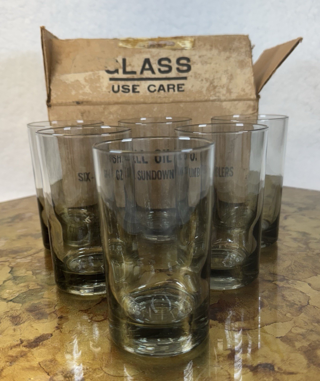 VTG Shell Oil Promotional Smoke Gray Sundown Tumblers Rare Drinking Glass Juice