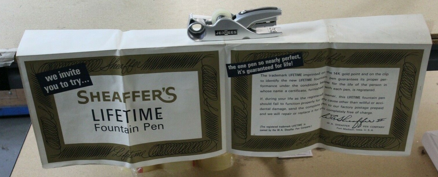 Vintage Sheaffer’s Lifetime Fountain Pen Advertising Display Counter Paper Sign