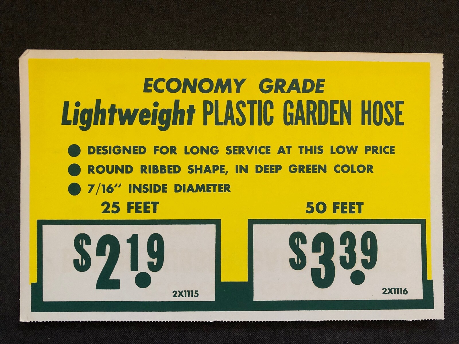 Vintage STORE SIGN Cardboard Lightweight Plastic Garden Hose Economy Grade #8