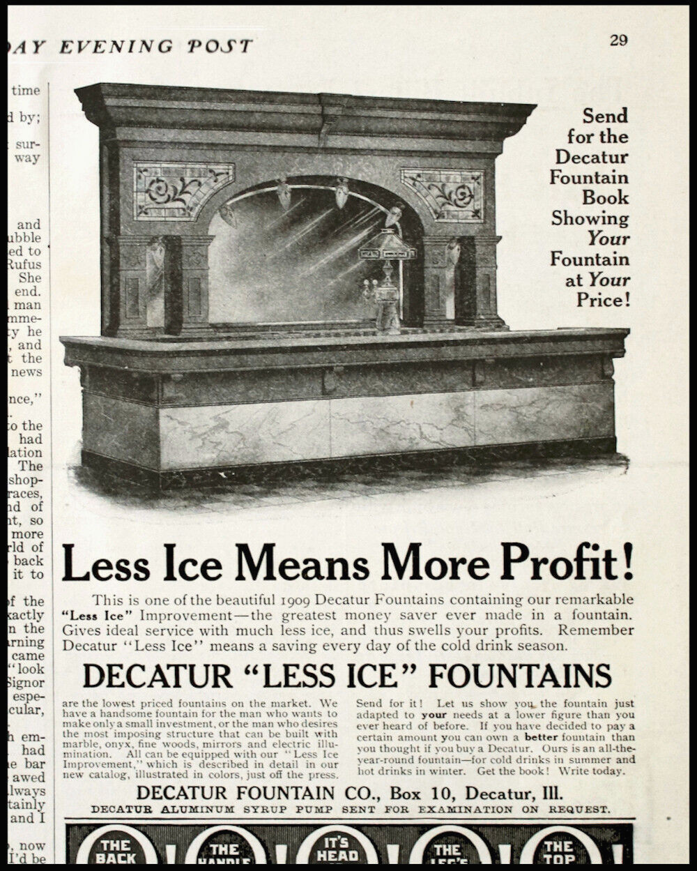 Antique Drug Store Soda Fountain Counter Furniture 1909 DECATUR Vtg PRINT AD