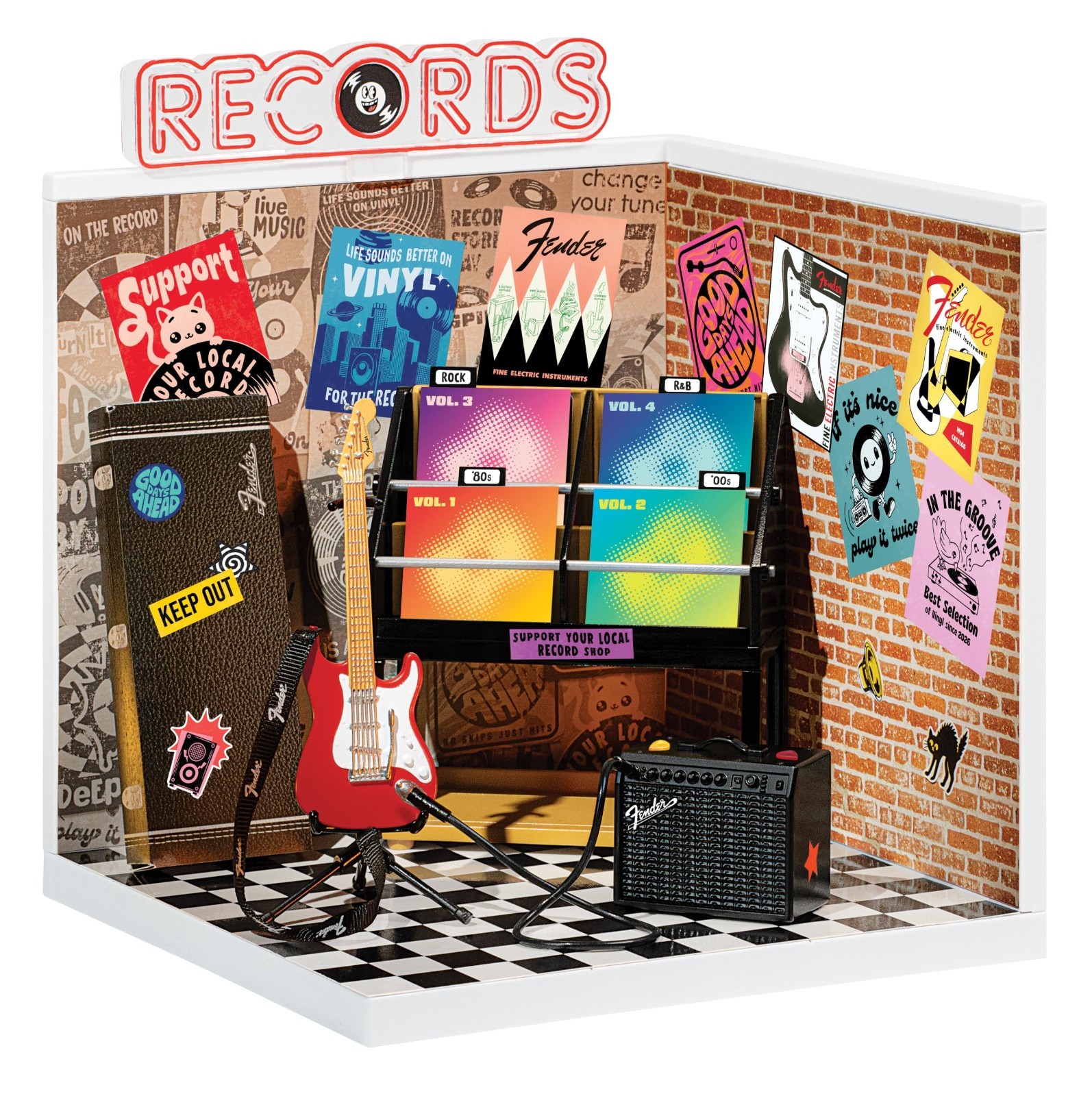 Deluxe Mini Music Record Shop Display Set with Fender Guitar & Accessories, Cust