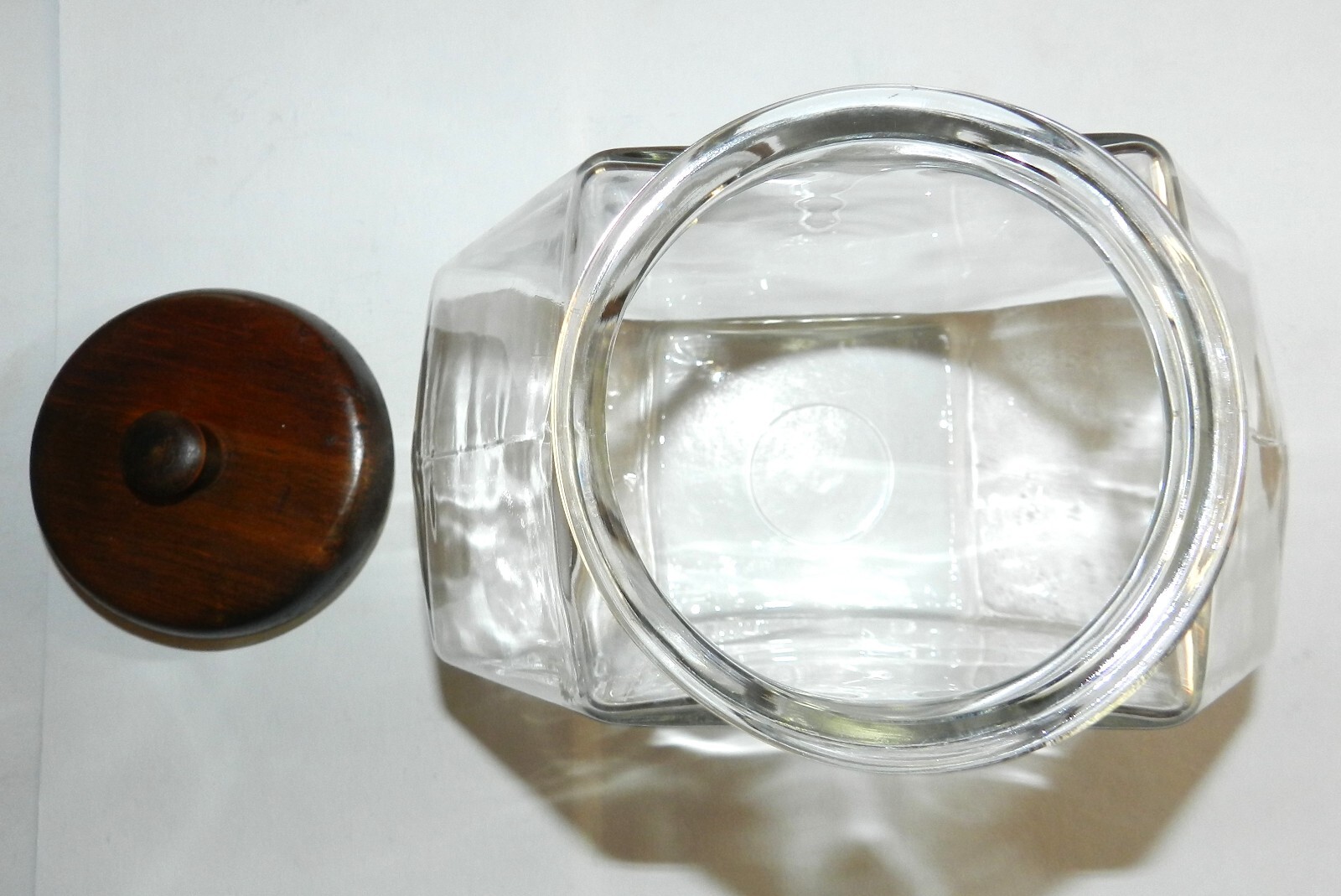 Vtg Hexagonal Clear Glass Jar Canister Wood Lid, Store Display, Farmhouse Décor