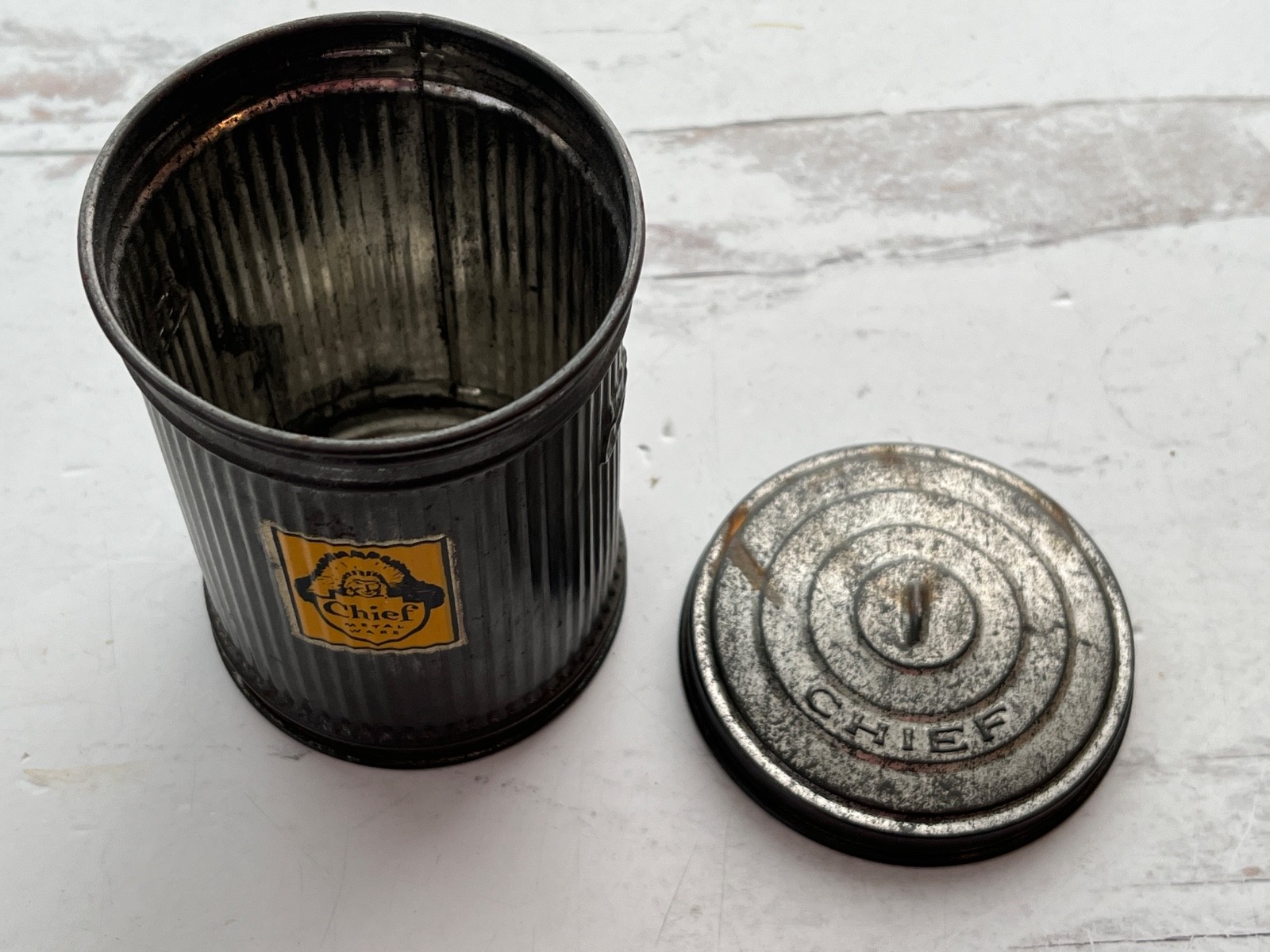 Vintage Chief Metal Wares Salesman Sample Little mini garbage, trashcan, bin