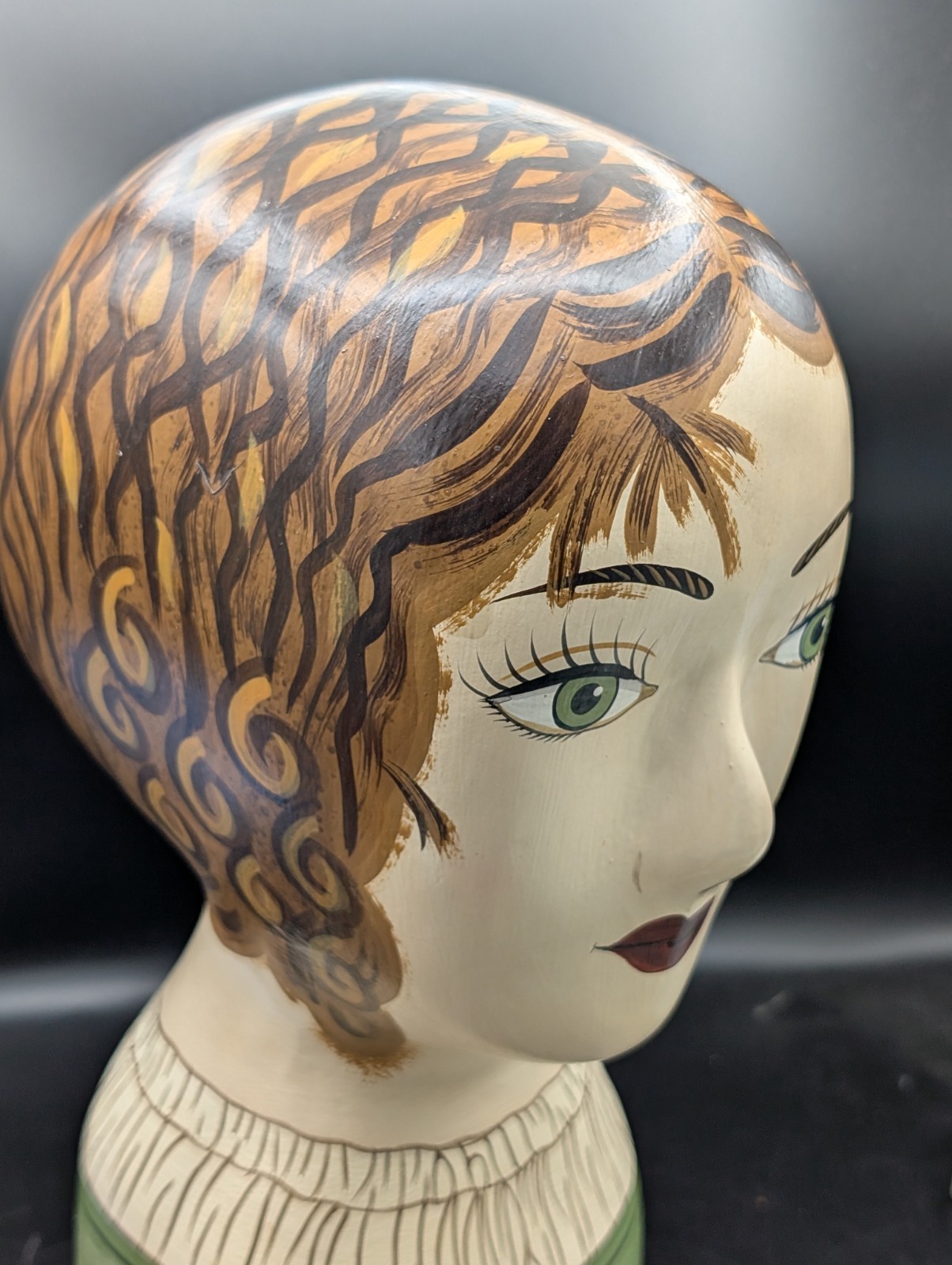 Vintage Hand Painted Millinery Plaster Head- Mme “Fleurs “French Display HATS
