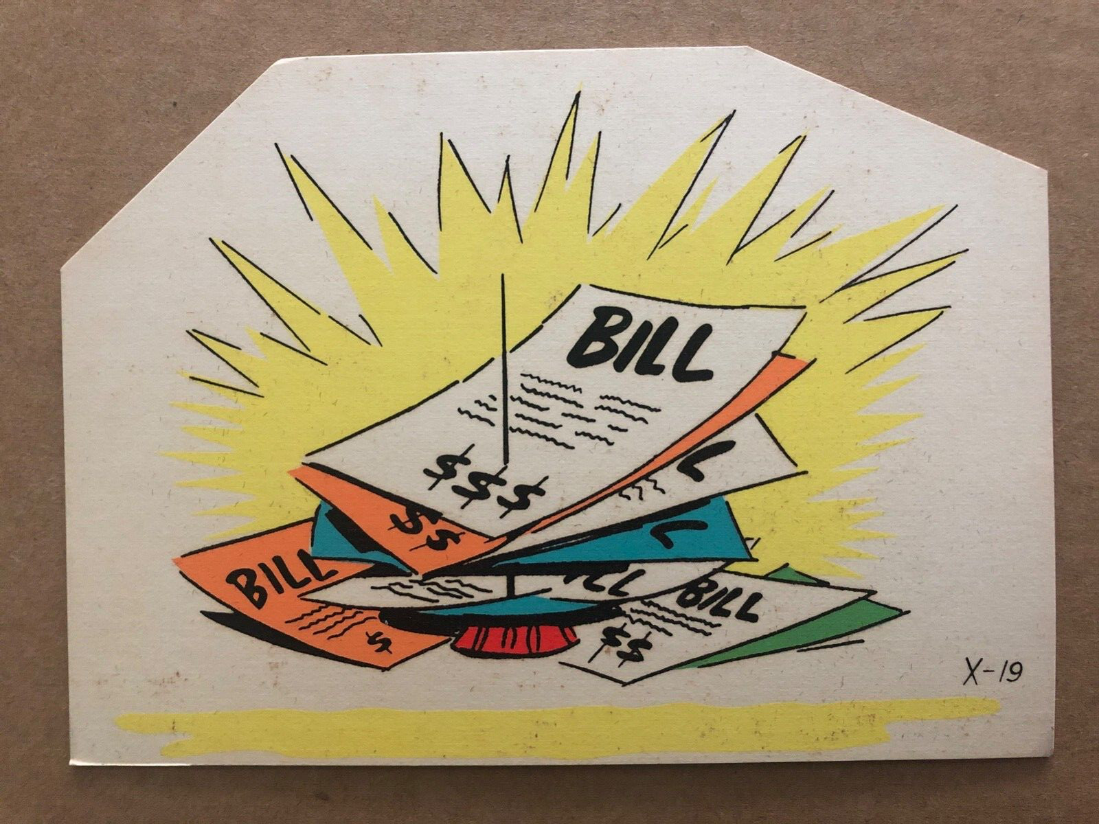 Vintage BANK STORE SIGN Cardboard BILL $$$ Receipts Spike Counter Top Holder