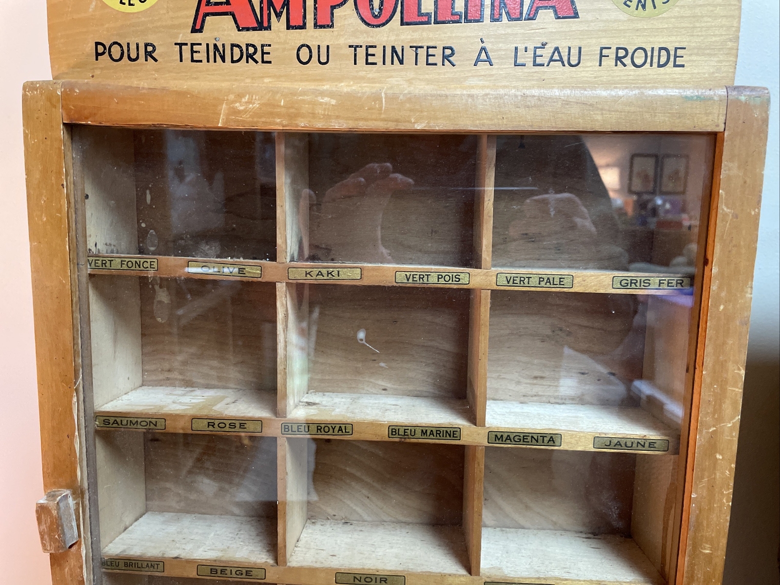 Early Circa 1930’s Ampollina Dyes Wooden Store Display Cabinet, Glass Front