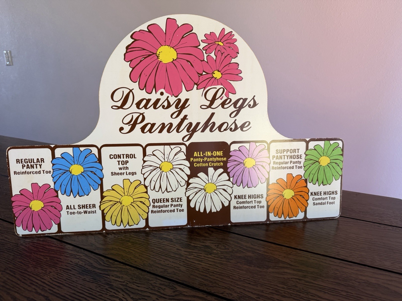 Vintage Daisy Legs Pantyhose Store Display Sign Retro 1970s Floral Advertising