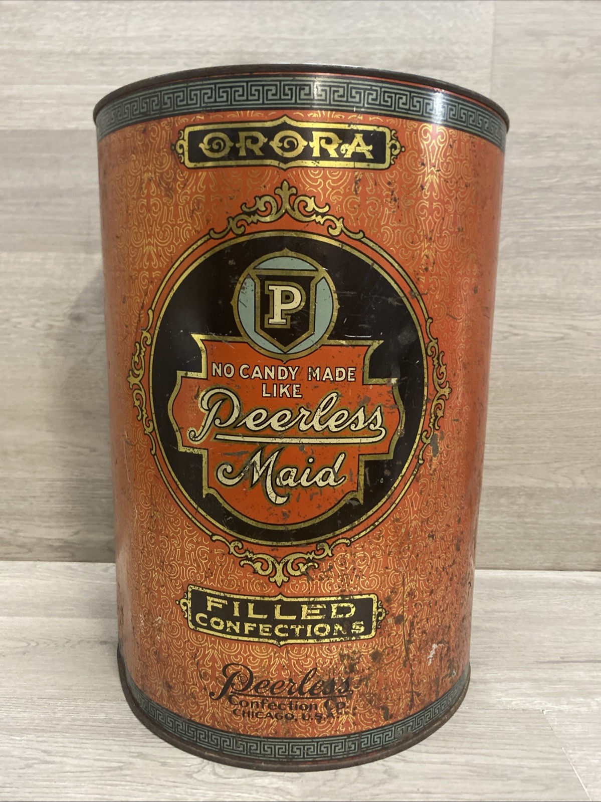 ANTIQUE EARLY 1900’S LARGE PEERLESS MAID COUNTRY STORE CANDY TIN DISPLAY 14”