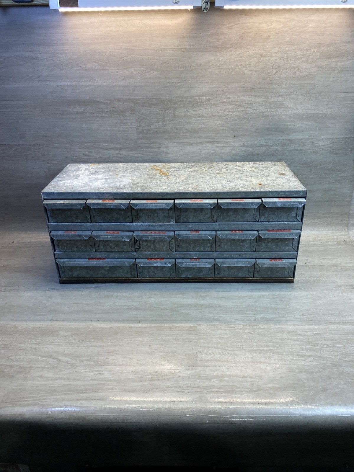 VTG General Store Galvanized Tin Metal PARTS CABINET 17 DRAWER Industrial PATINA