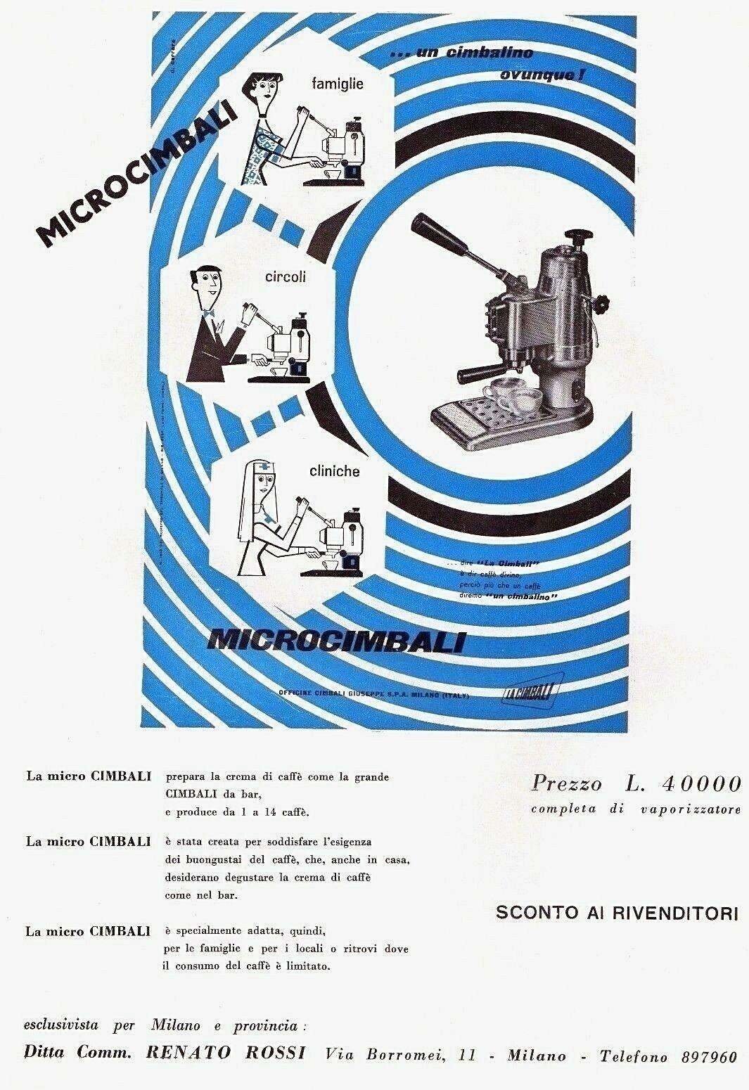 PUBBLICITA’1954 MACCHINA CAFFE’ ESPRESSO MICROCIMBALI OFFICINE CIMBALI GIUSEPPE