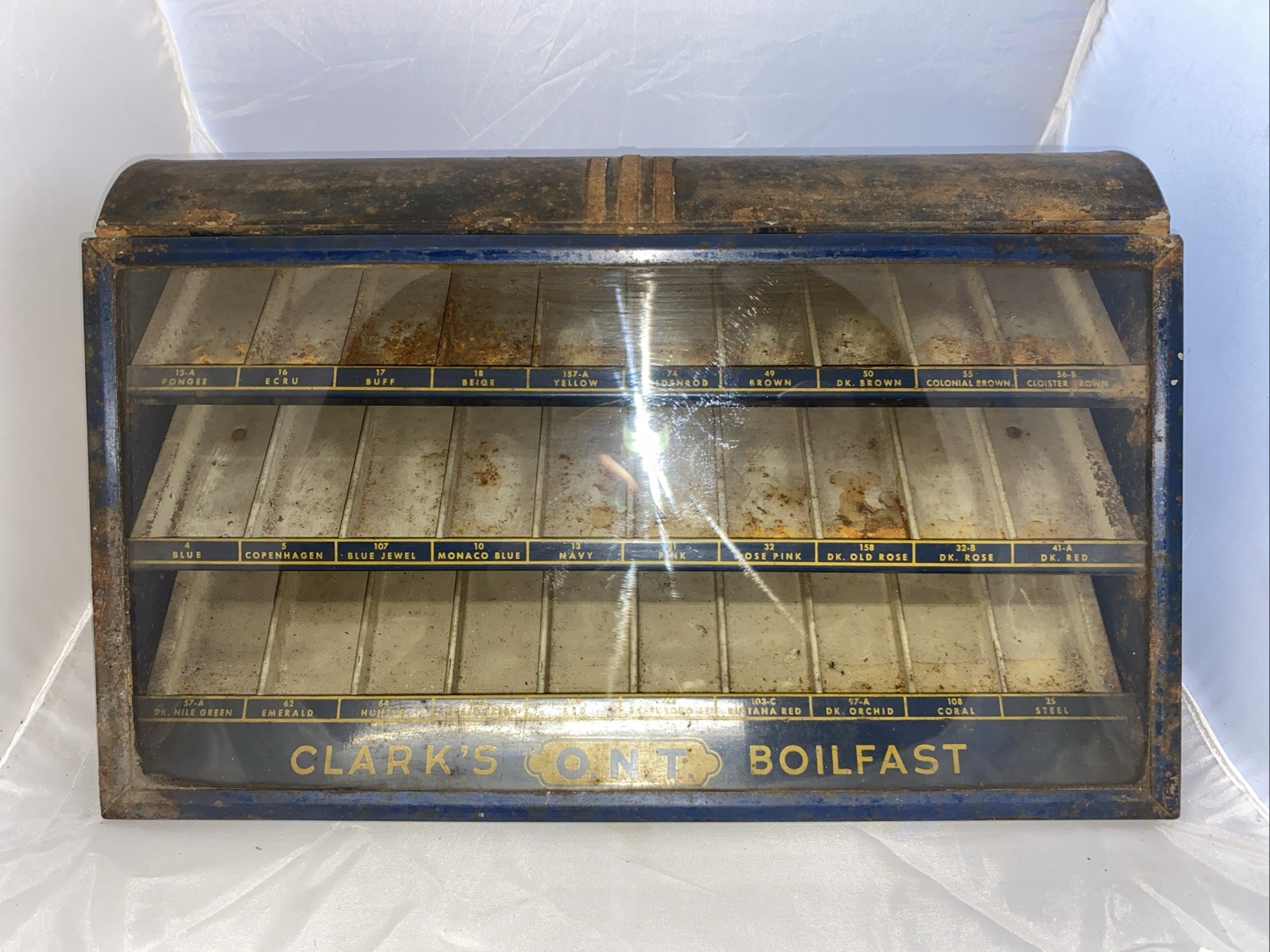 Vintage Clark’s O.N.T. Boilfast Thread Countertop Cabinet Lifting Glass Display