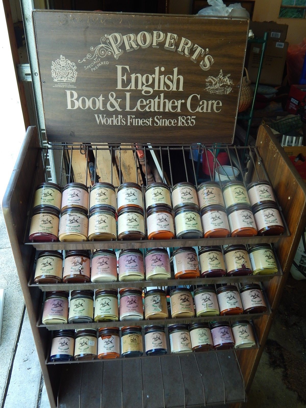 Propert’s ~ English Boot & Leather Care ~ DISPLAY RACK w/ 52 JARS of CREAM ~ Vtg