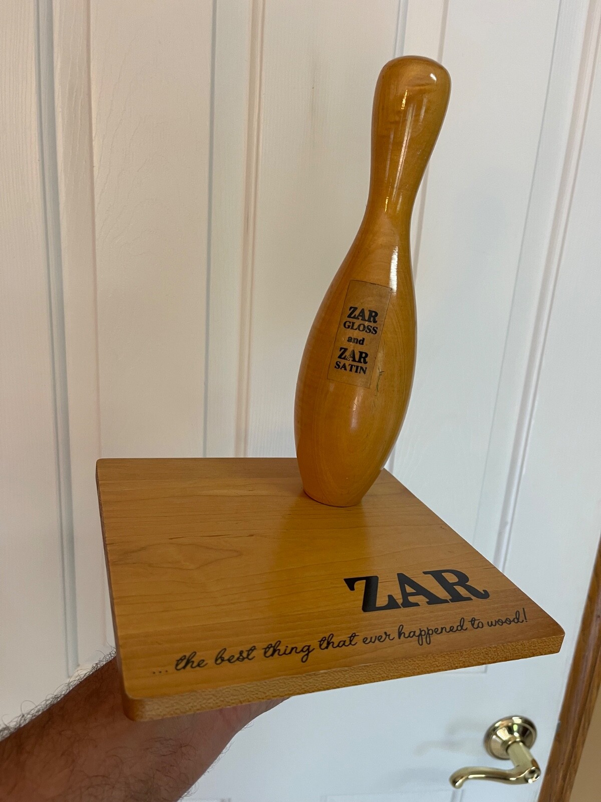 VTG ZAR WOOD FLOOR FINISH STORE COUNTER DISPLAY W/BOWLING PIN