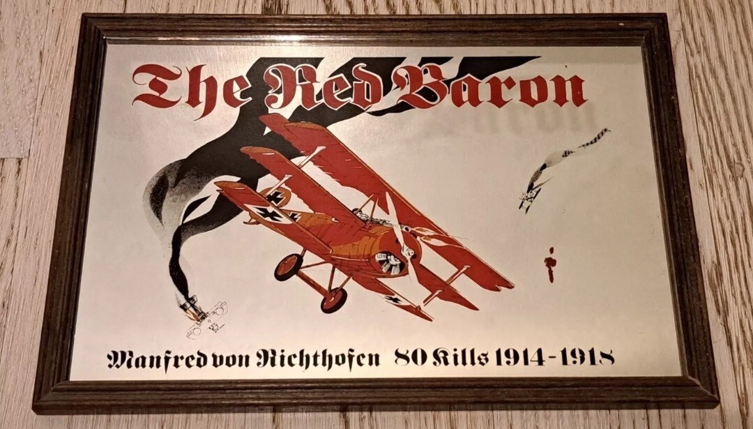 MIRROR PAINTING-RED BARON/THE RED BARON-MIRROR PAINTING PICTURE WW1-VINTAGE