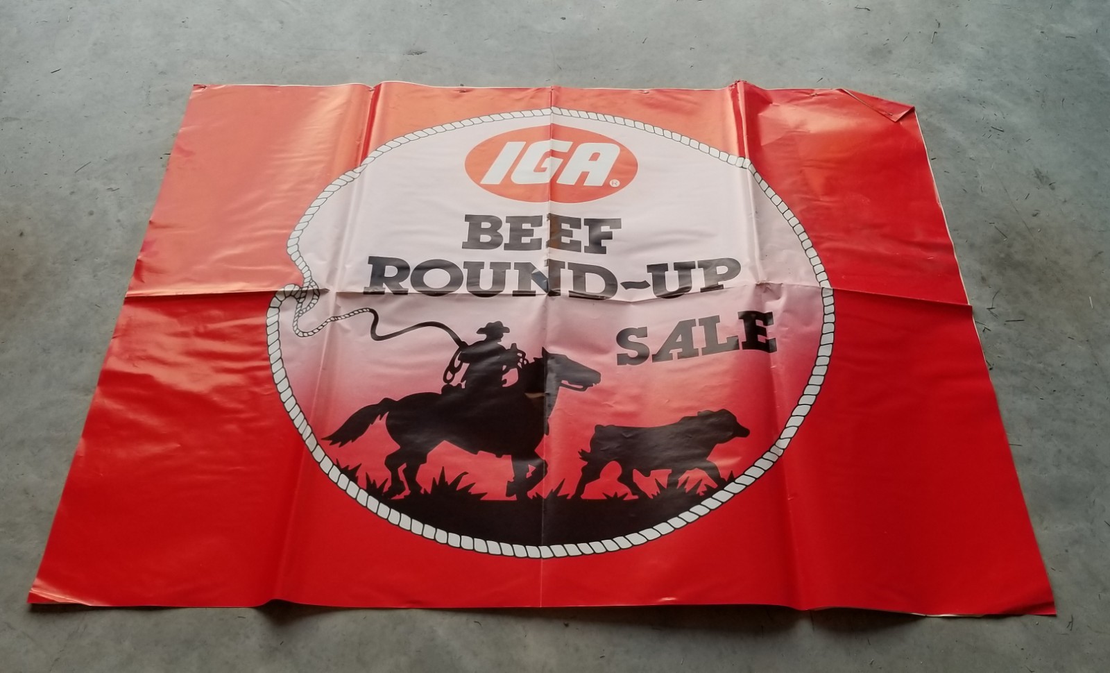 IGA Grocery Store Beef Round Up Sale Display Sign, Banner 3pcs Vintage
