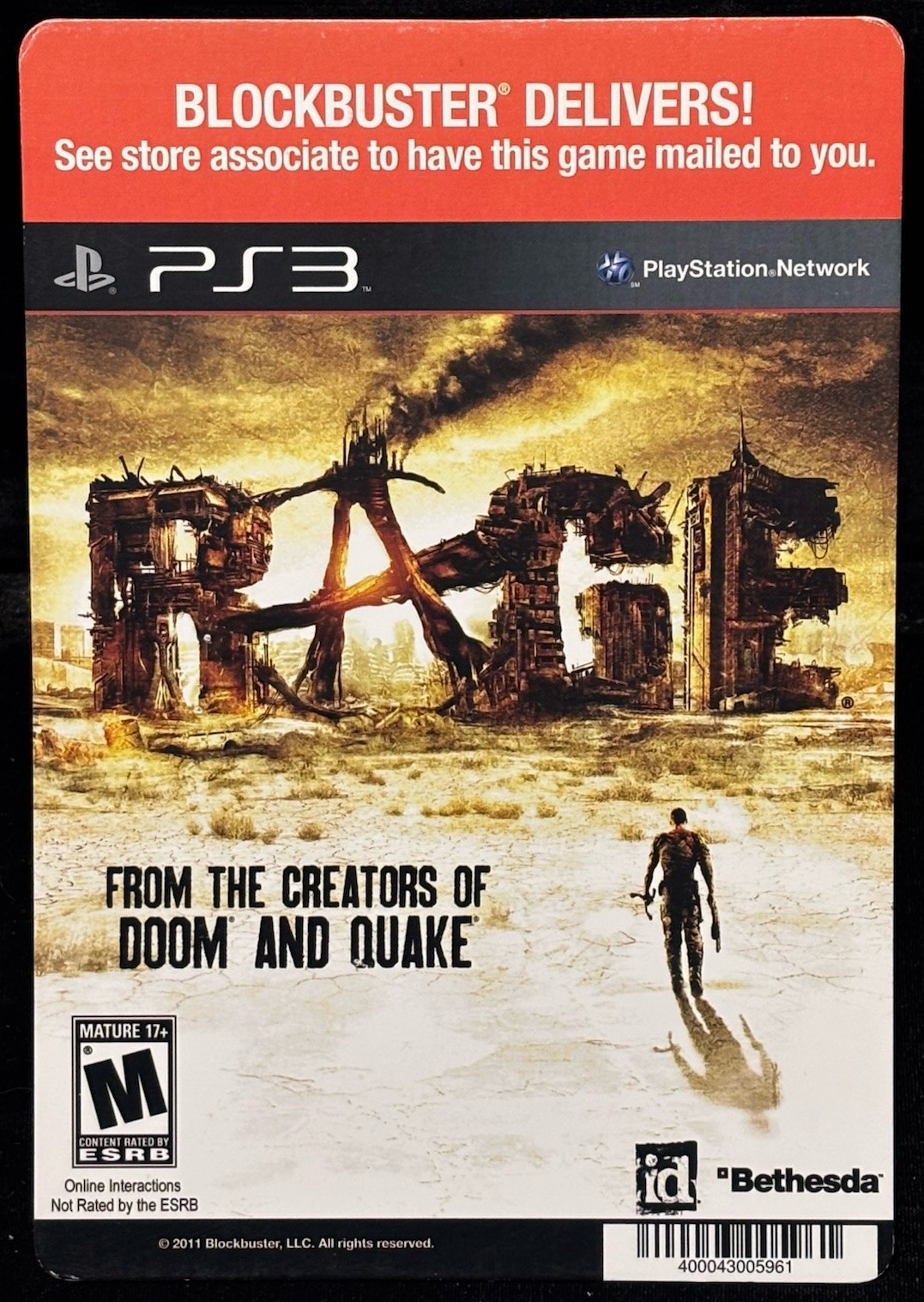 2011 NO GAME! Sony PlayStation 3 PS3 Rage Blockbuster Video Full Backer 5″X8″