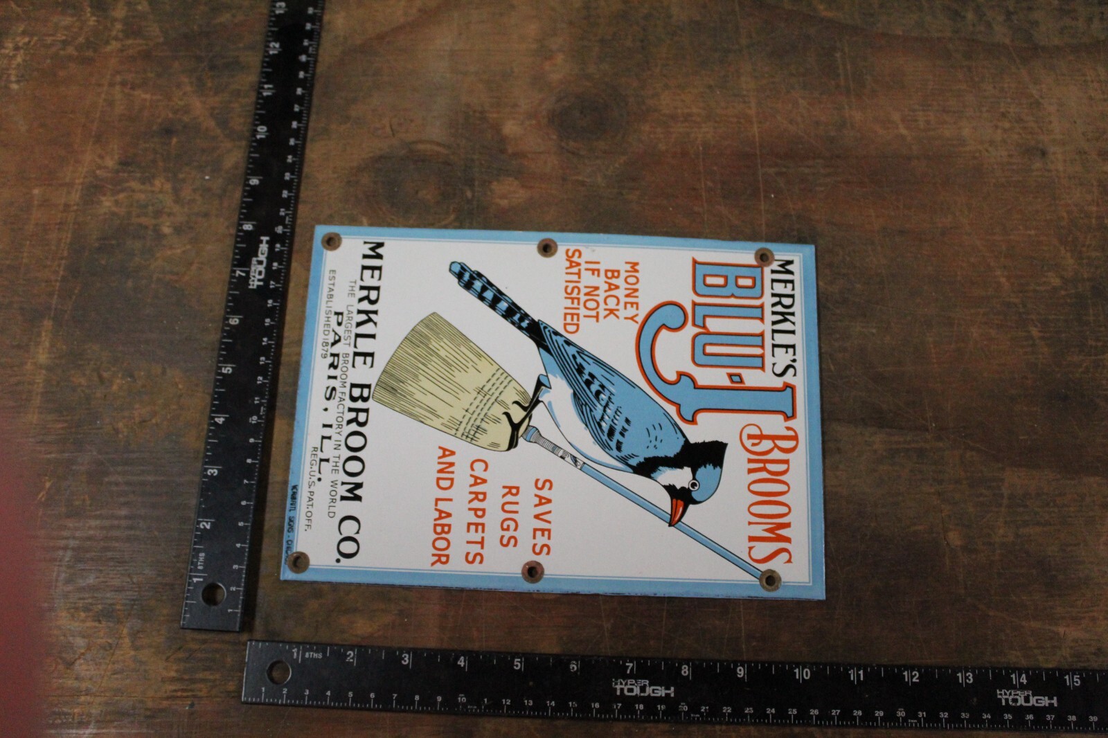 RARE MERKLE BLU-J BROOM DEALER PORCELAIN METAL SIGN BIRD CLEANING HARDWARE STORE
