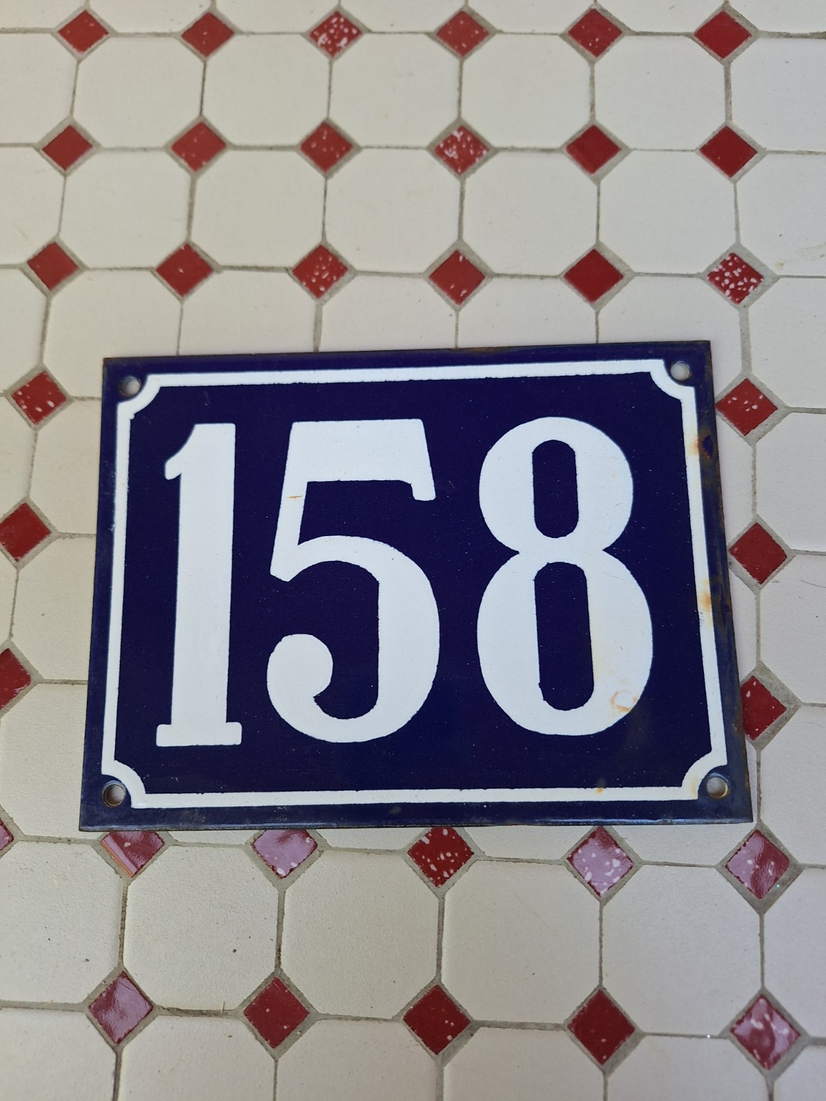 Large Antique Enameled Plaque Street Number 158 20X15cm Navy Blue Enamel