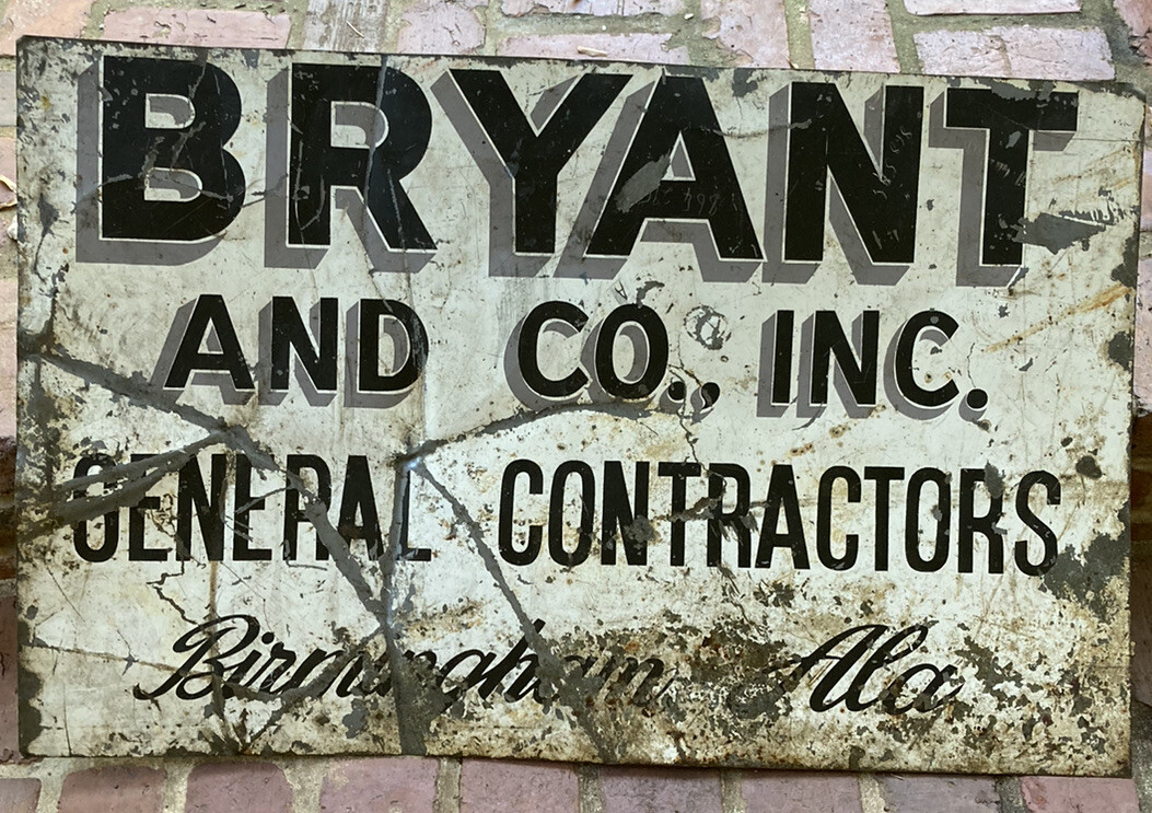 Vintage 1950s-1960s BRYANT CONTRACTORS Bham, Ala Adverti Sign 3ft. x 22 5/8in.
