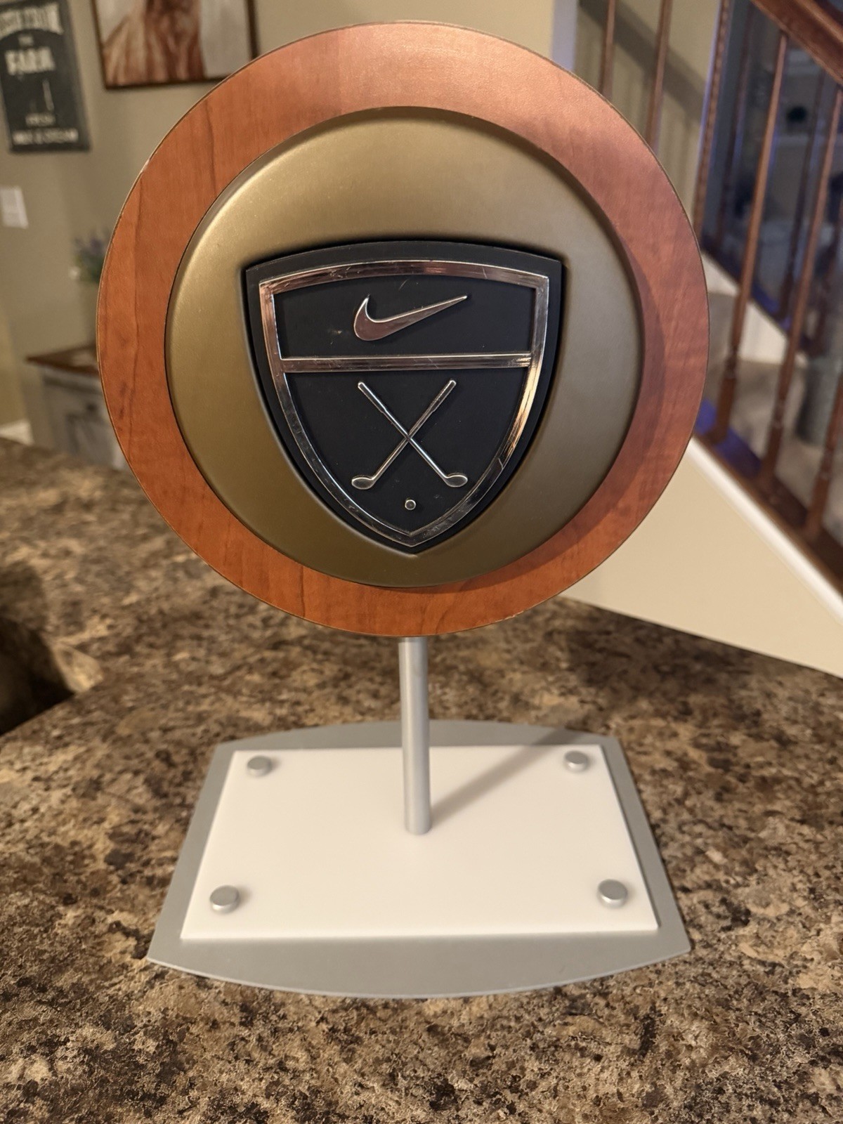 Nike Tabletop Retail Store Display Sign Swoosh & Clubs Wood Sign Metal Base Golf