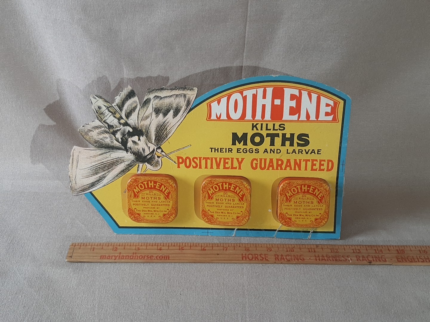 Vintage Diecut Cardboard Sign Store Display Moth-ene Moth Tin Cans mfg Newark NJ