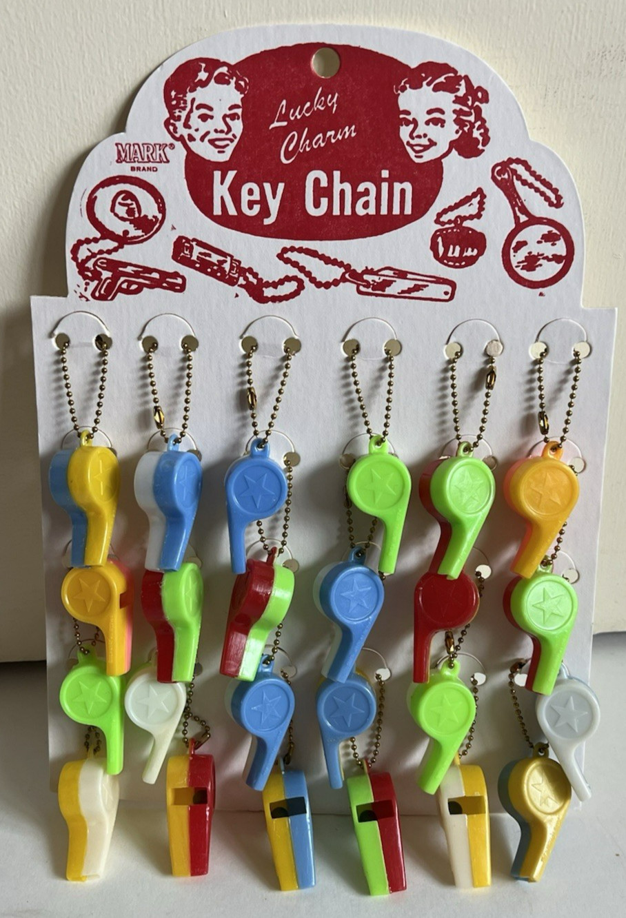 Vtg Lucky Charm Key Chain Mark Brand Plastic Whistles Original Display of 24