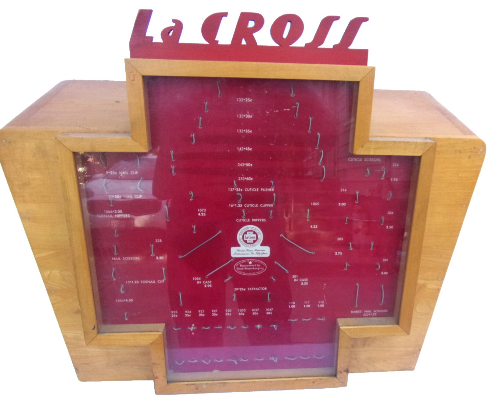 Very Nice Vintage La CROSS Manicure Instruments Counter Top Display Cabinet 1953