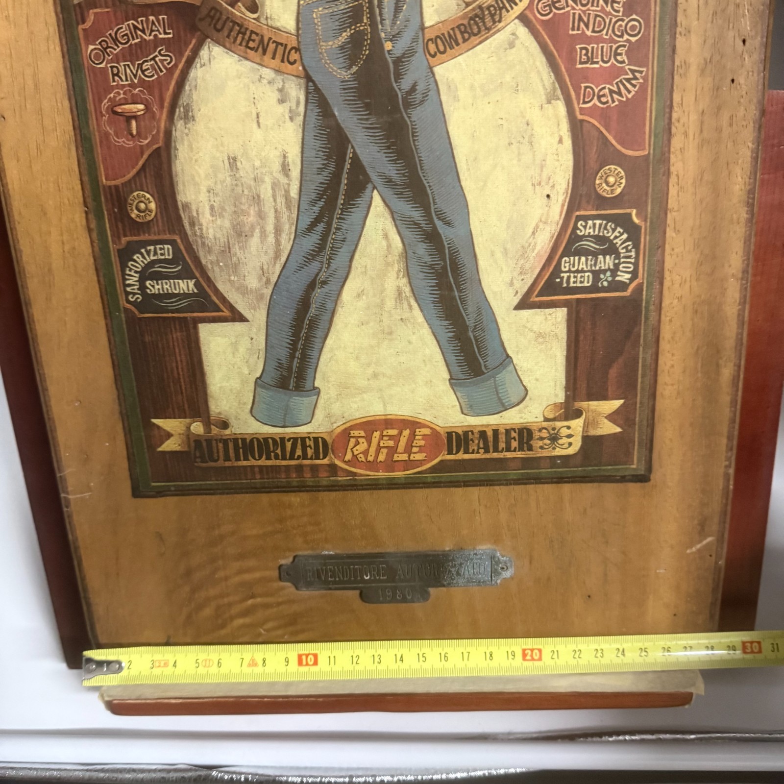 Vintage 1980 RIFLE Jeans Wood Sign Store Display Western Denim Advertising