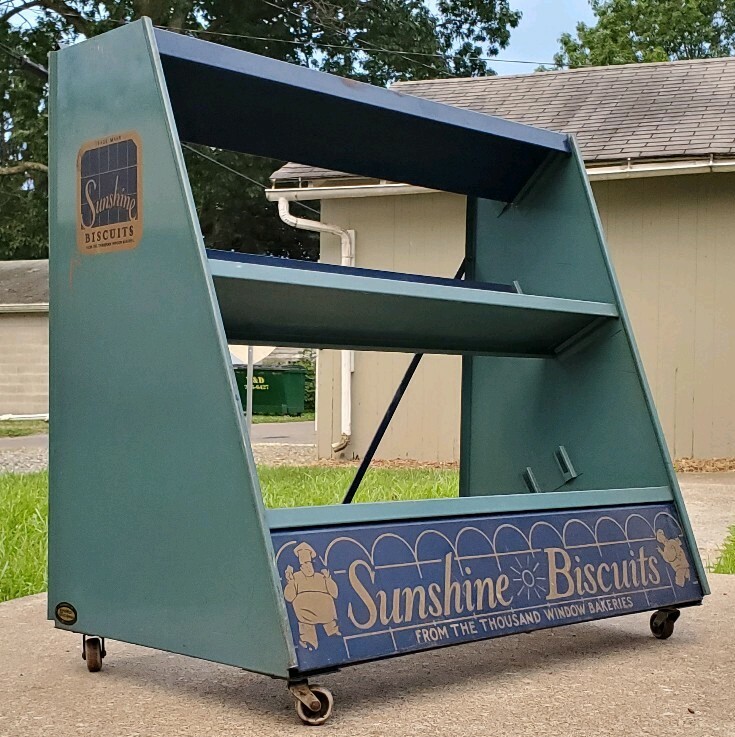 Antique Loose-Wiles Sunshine Biscuits General Store Display Rack Cart On Wheels