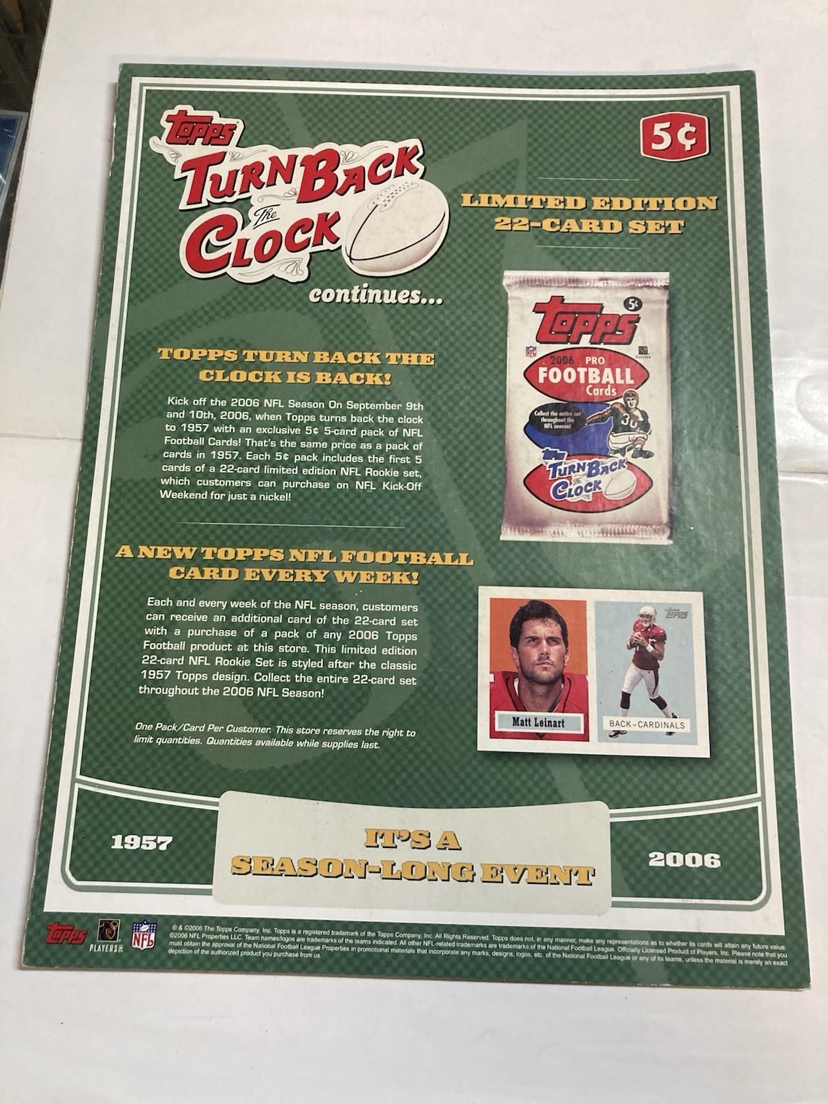 2006 Topps football turn back the clock display easel back 1957 like Tom Brady