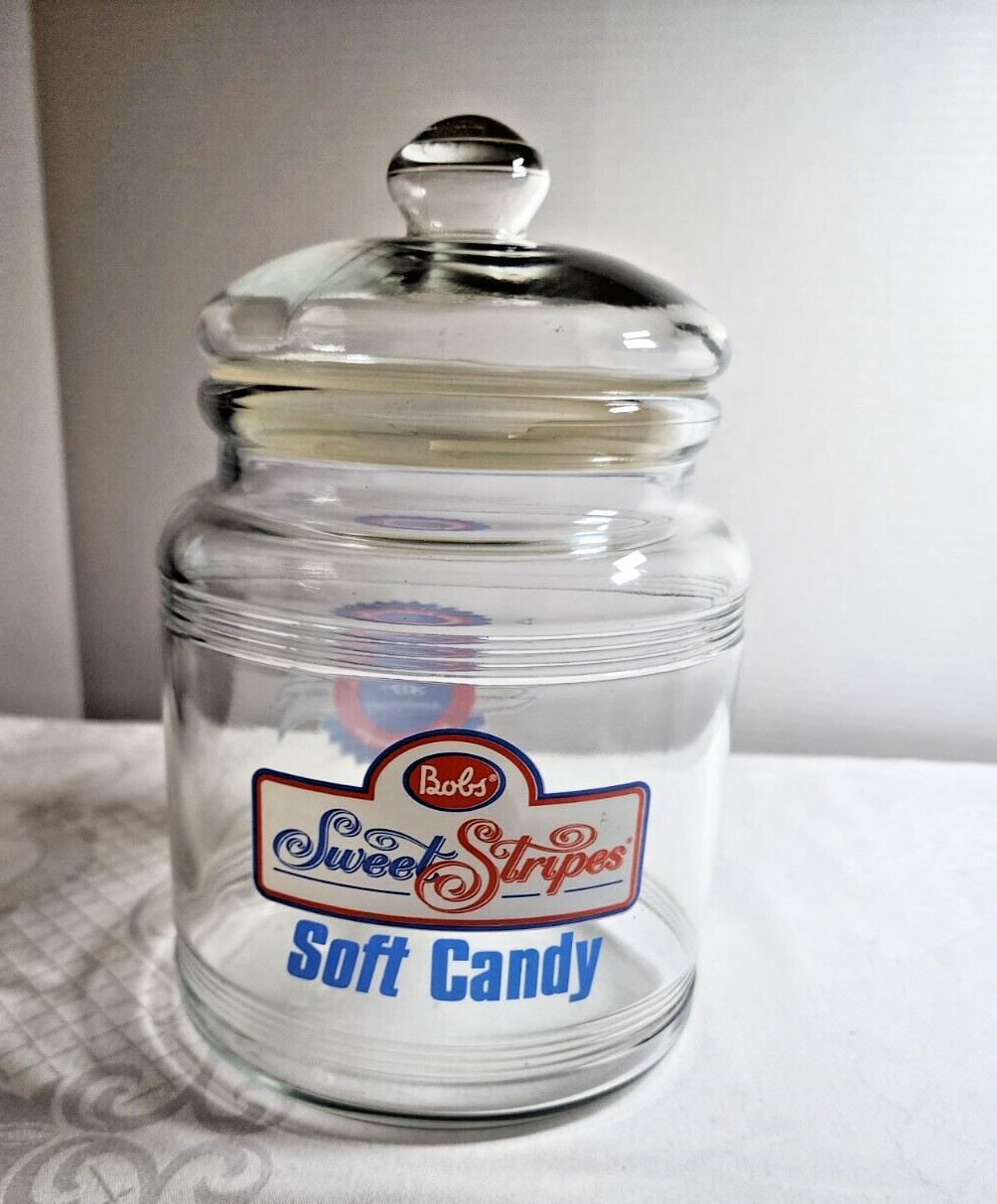 Large Glass BOBS SWEET STRIPES SOFT CANDY 80th Anniversary Retail Jar w/Lid