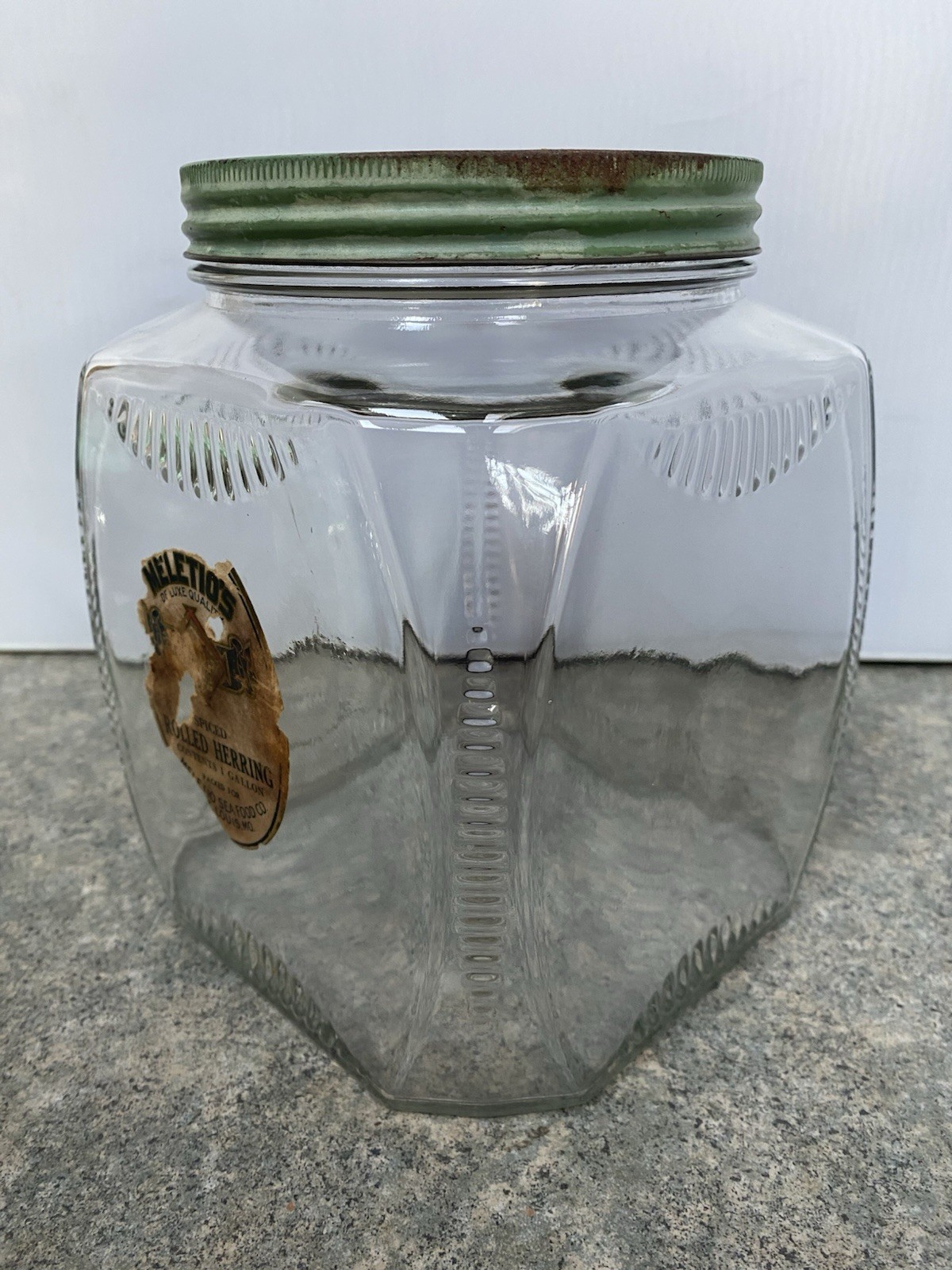 Vintage Square Clear Ribbed Clear Glass Jar w/ Metal Lid Meletios Rolled Herring