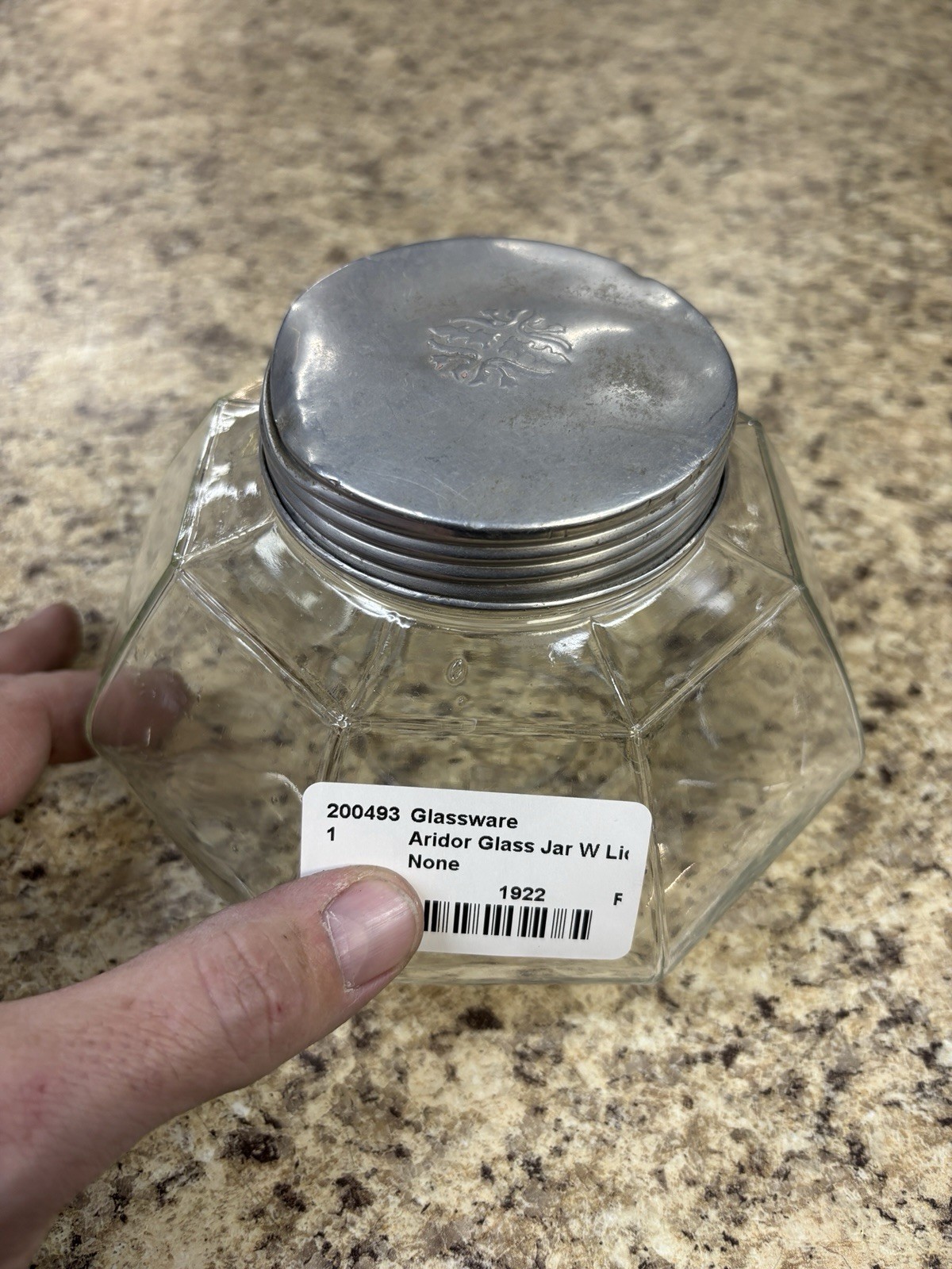Antique 1922 Aridor Co. Chicago 8-sided glass store candy jar with lid 6.5×6.5×4