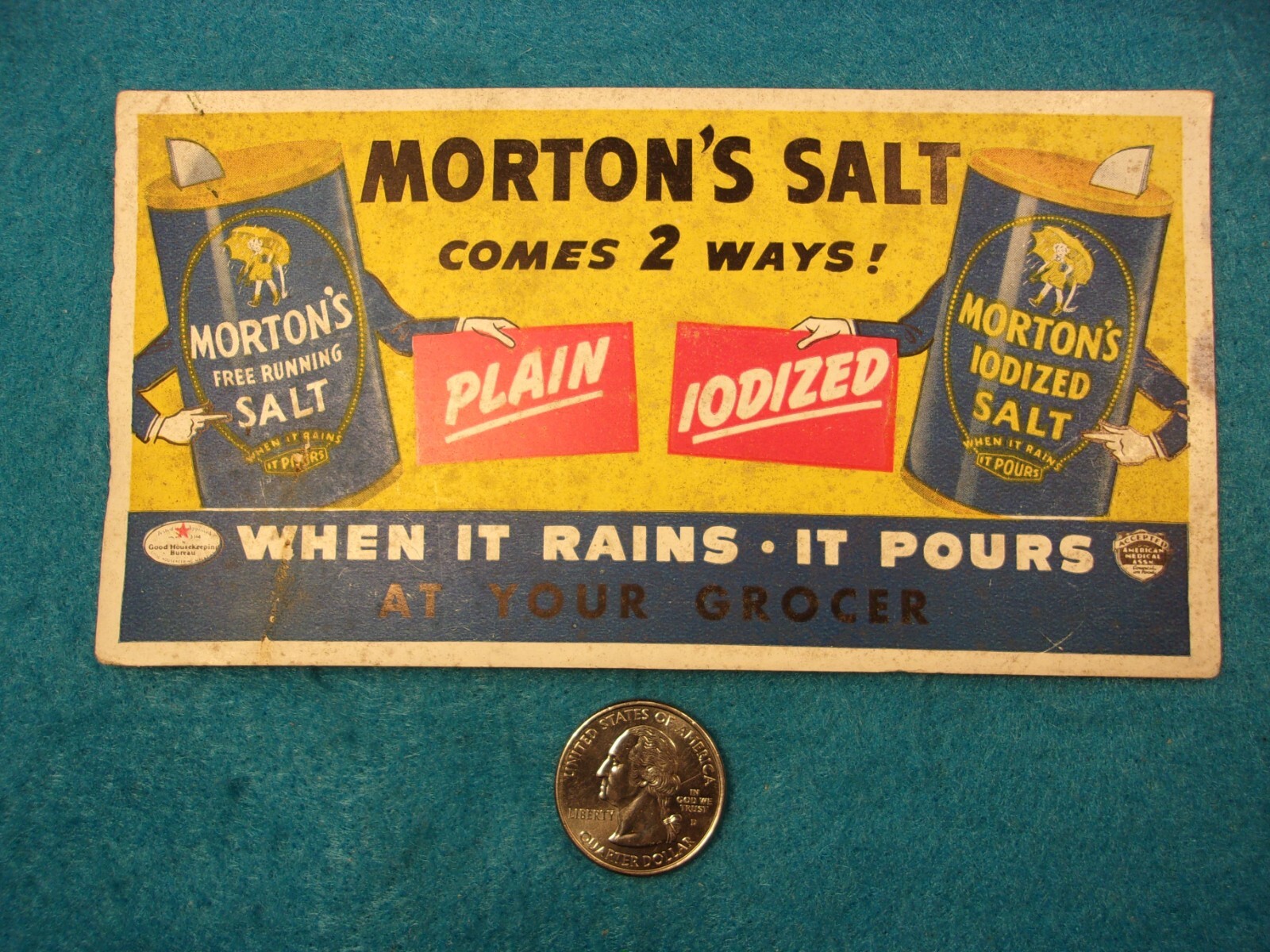 RARE OLD VTG ANTIQUE 1930s? STORE DISPLAY CARD: MORTON’S SALT, COMES IN 2 WAYS!