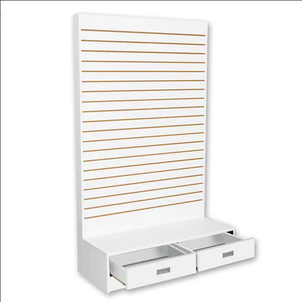 White 48″W x 20″D x 80″H Slatwall Wall Unit – L Shape Display Tower Floor Stand