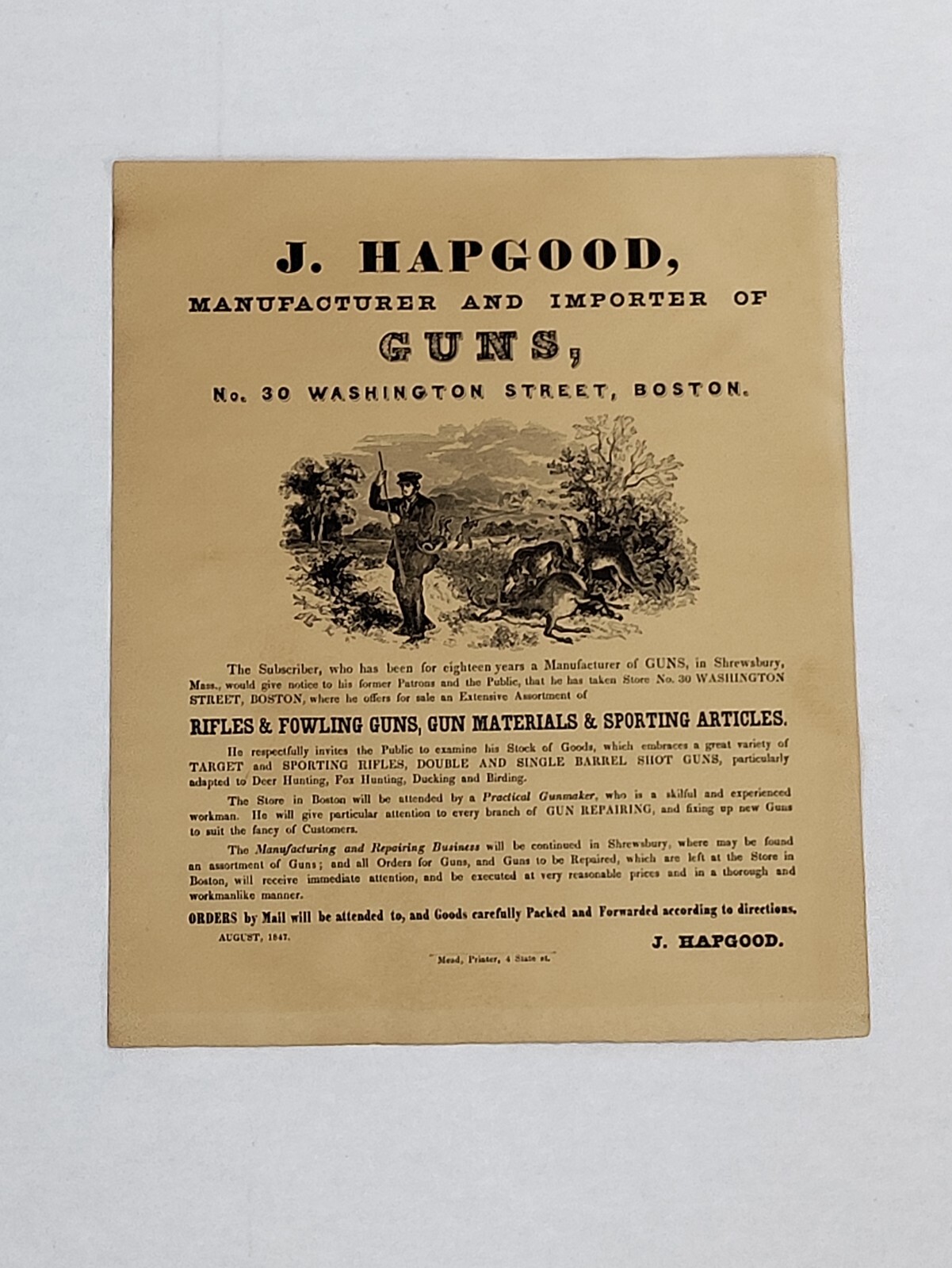 Vintage RARE 1847 J.HAPGOOD GUN STORE POSTER BOSTON 9×11