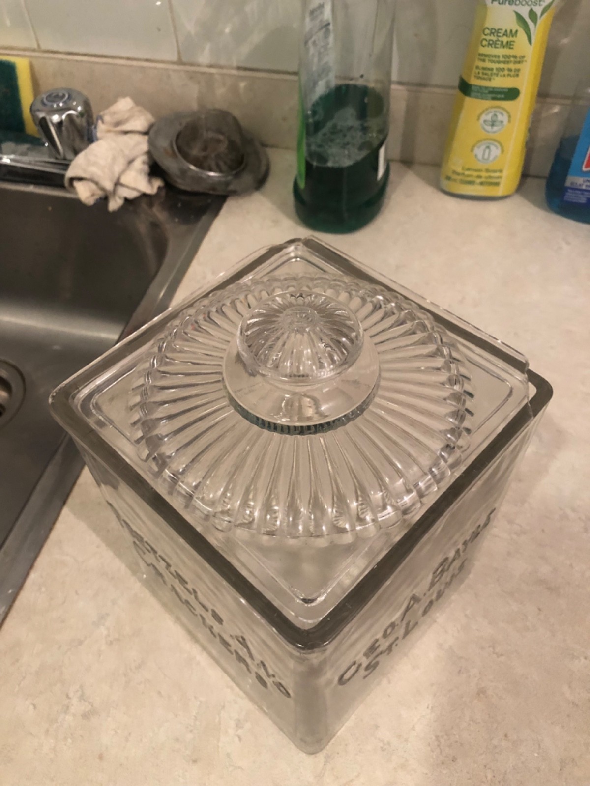 VINTAGE c.1920 RARE HEAVILY EMBOSSED BAYLE “SARATOGA CHIP POTATOES/PRETZELS JAR