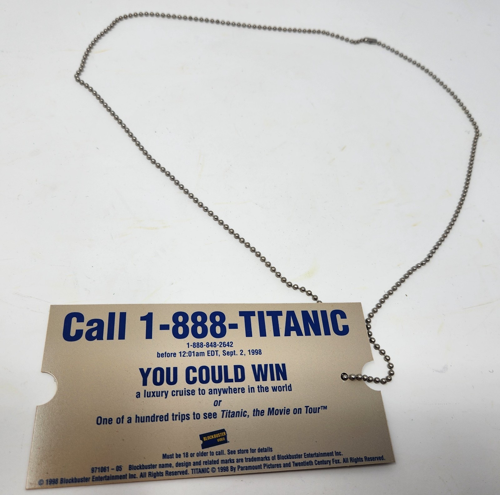 Blockbuster Video Titanic 1998 Movie Video Release Ticket Promo on Bead Chain