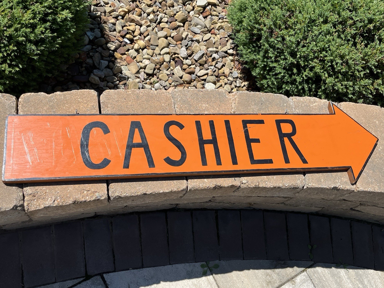 Vtg Hand Painted Wood CASHIER Arrow Sign 42” Store Display Retail Decor Pumpkin