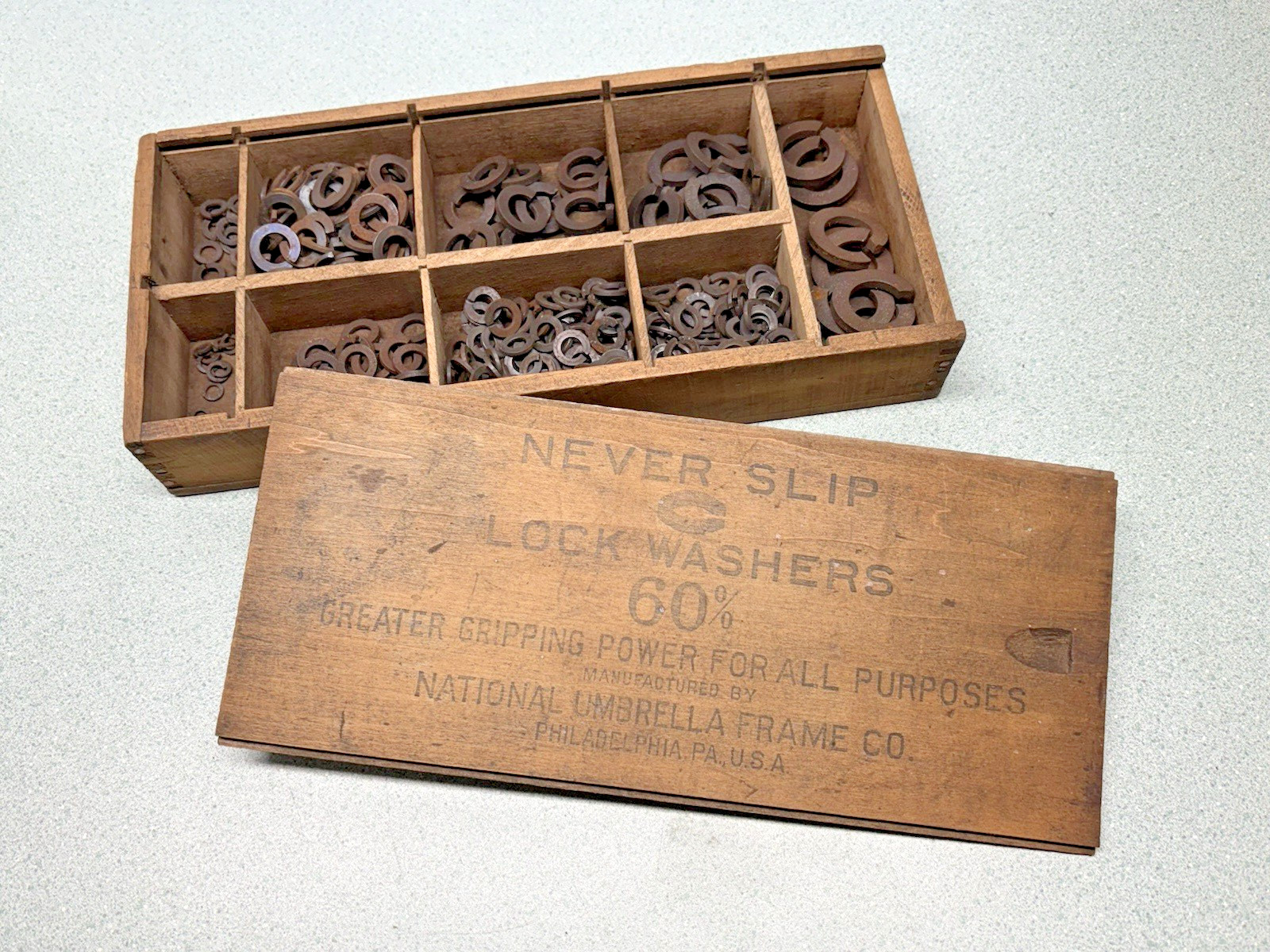 Vintage Never Slip Spring Lock Washers Box Philadelphia WOOD BOX hardware store