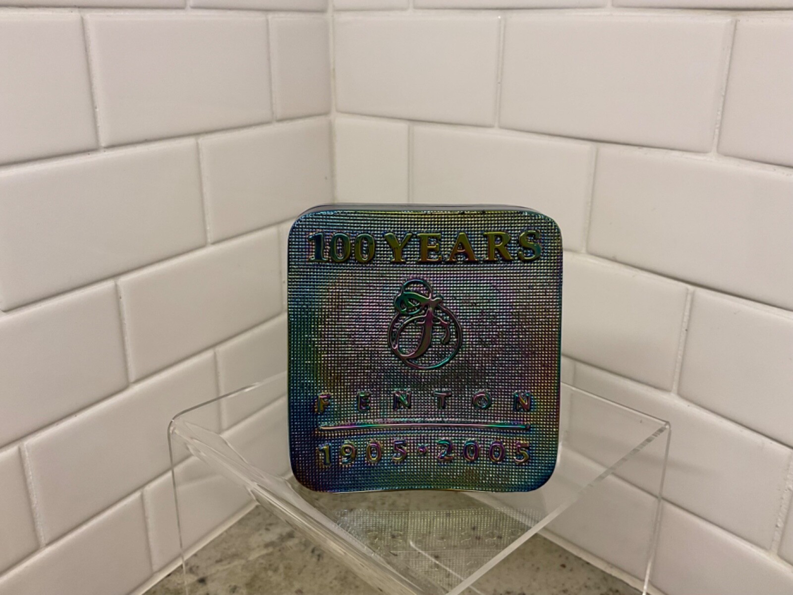 FENTON 100 Year Anniversary Logo Dealer Sign Paperweight Carnival Glass Vintage