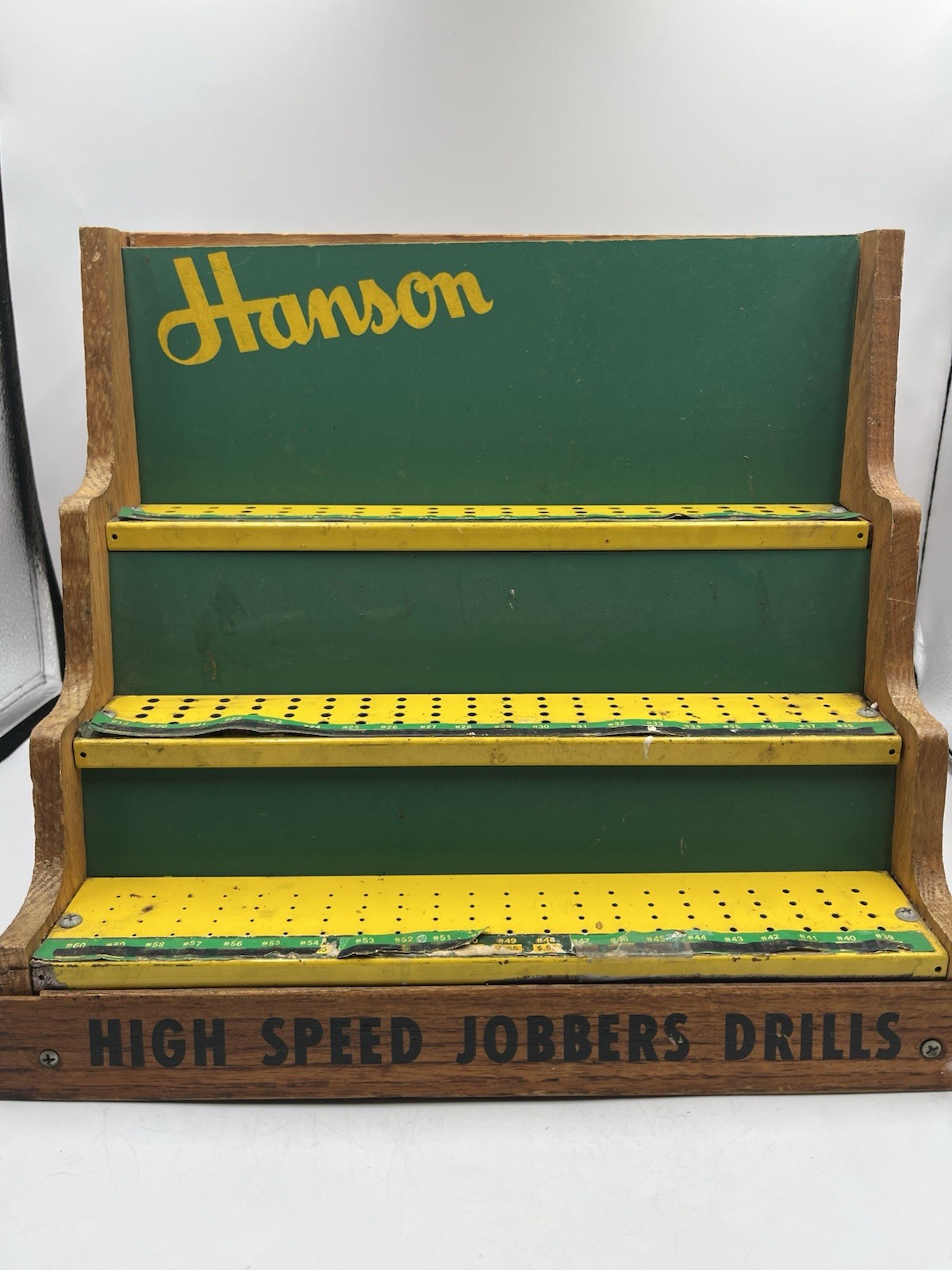 Vintage Oak Wood Hardware Store Display Hanson HIGH SPEED JOBBERS DRILLS SEE
