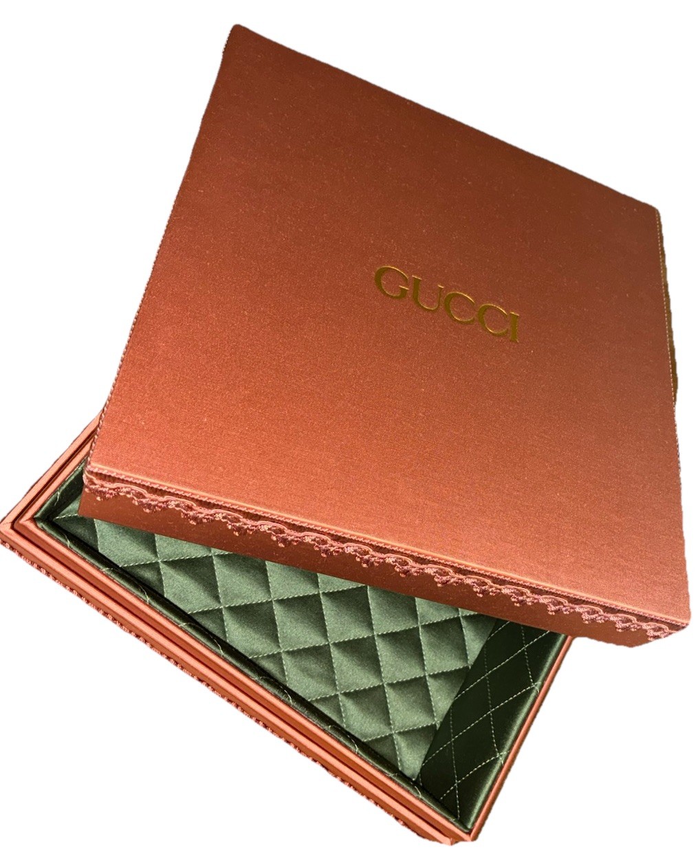 Gucci Gift Box Satin Dusty Rose Green Quilted Lining 10x10x3.5″ NEW