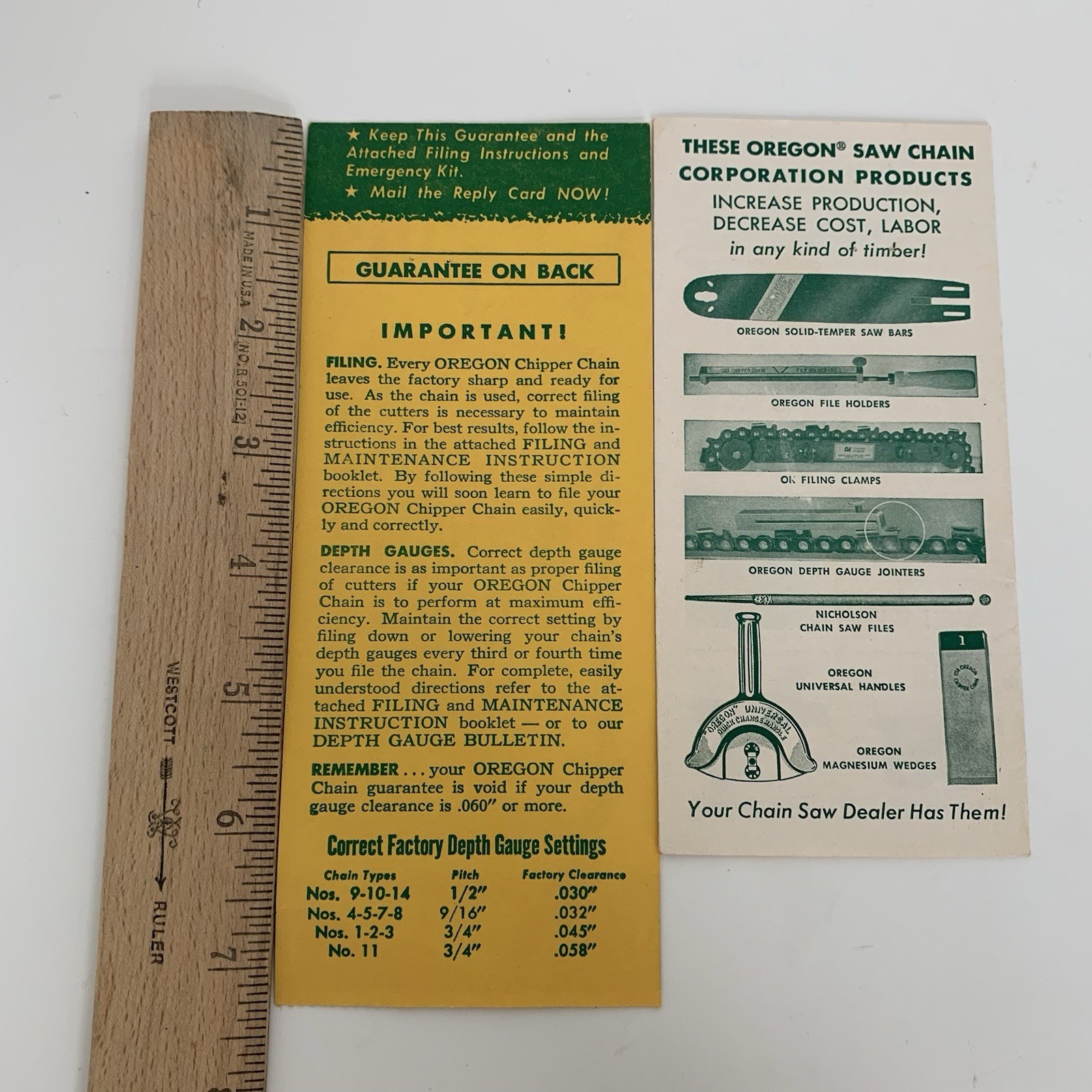 1952 Oregon Chipper Chain Filing Maintenance Leaflet & Guarantee, Advertising